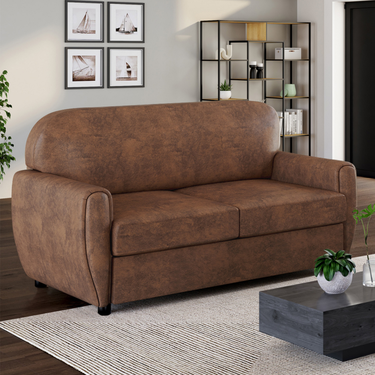 ID MARKET Canapé droit 2 places CLUB vintage GASTON marron foncé effet vieilli