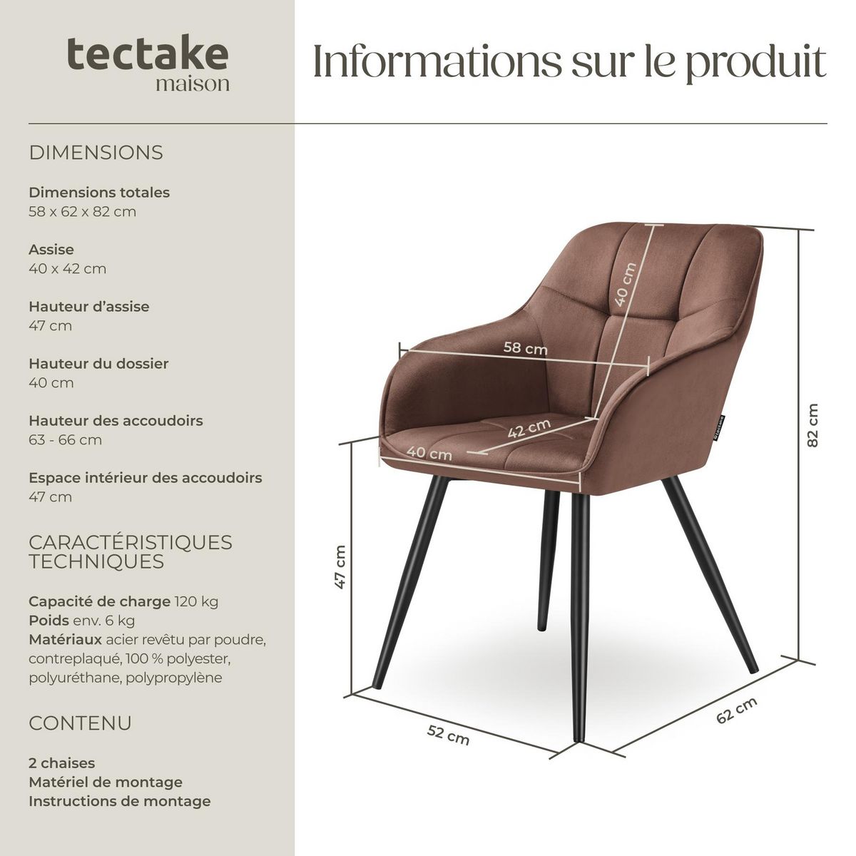 tectake Chaise de salle à manger rembourrée et en velours matelassé brun-noir Lot de 2