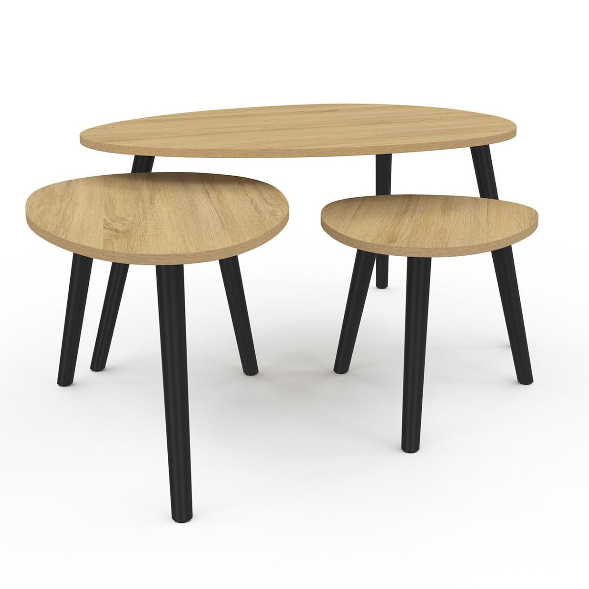 ID MARKET Lot de 3 tables basses gigognes GAIA bois et pieds noirs scandinave