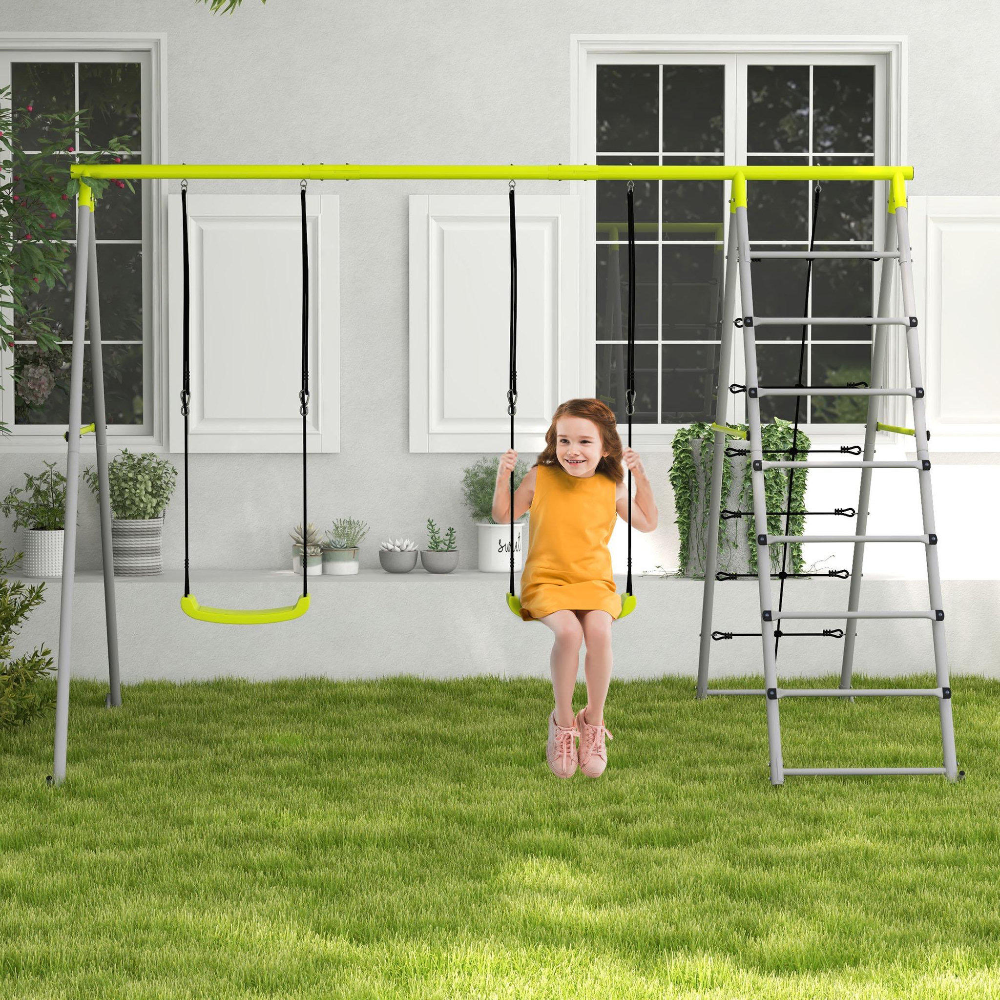 Voir la diapositive 2 : OUTSUNNY Balançoire portique 4 agrès - 2 balançoires, 2 échelles - dim. 2,6L x 1,85l x 1,8H m - métal époxy PE gris vert