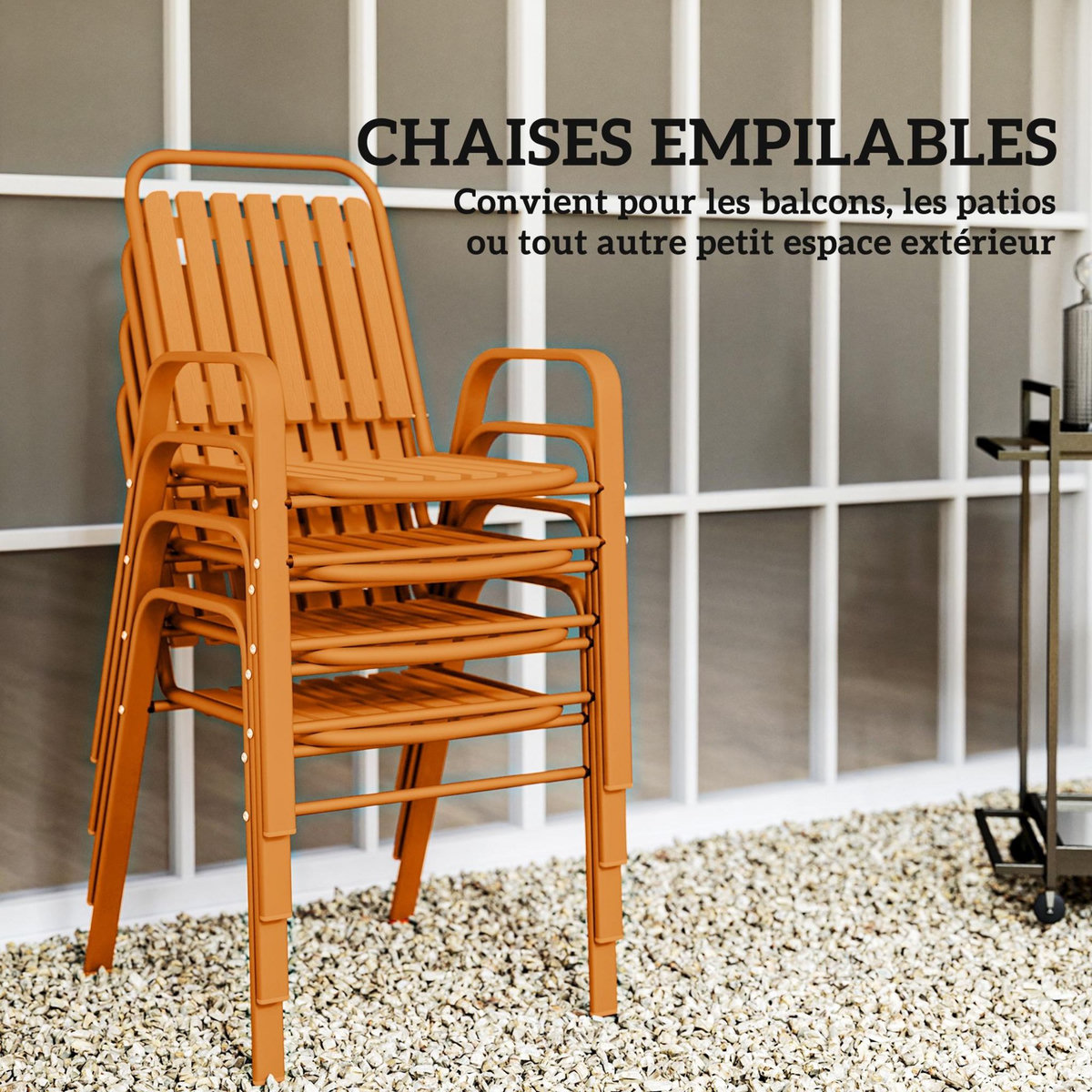 OUTSUNNY Salon de jardin extérieur 4 places 5 pièces - chaises empilables - plateau effet bois acier orange