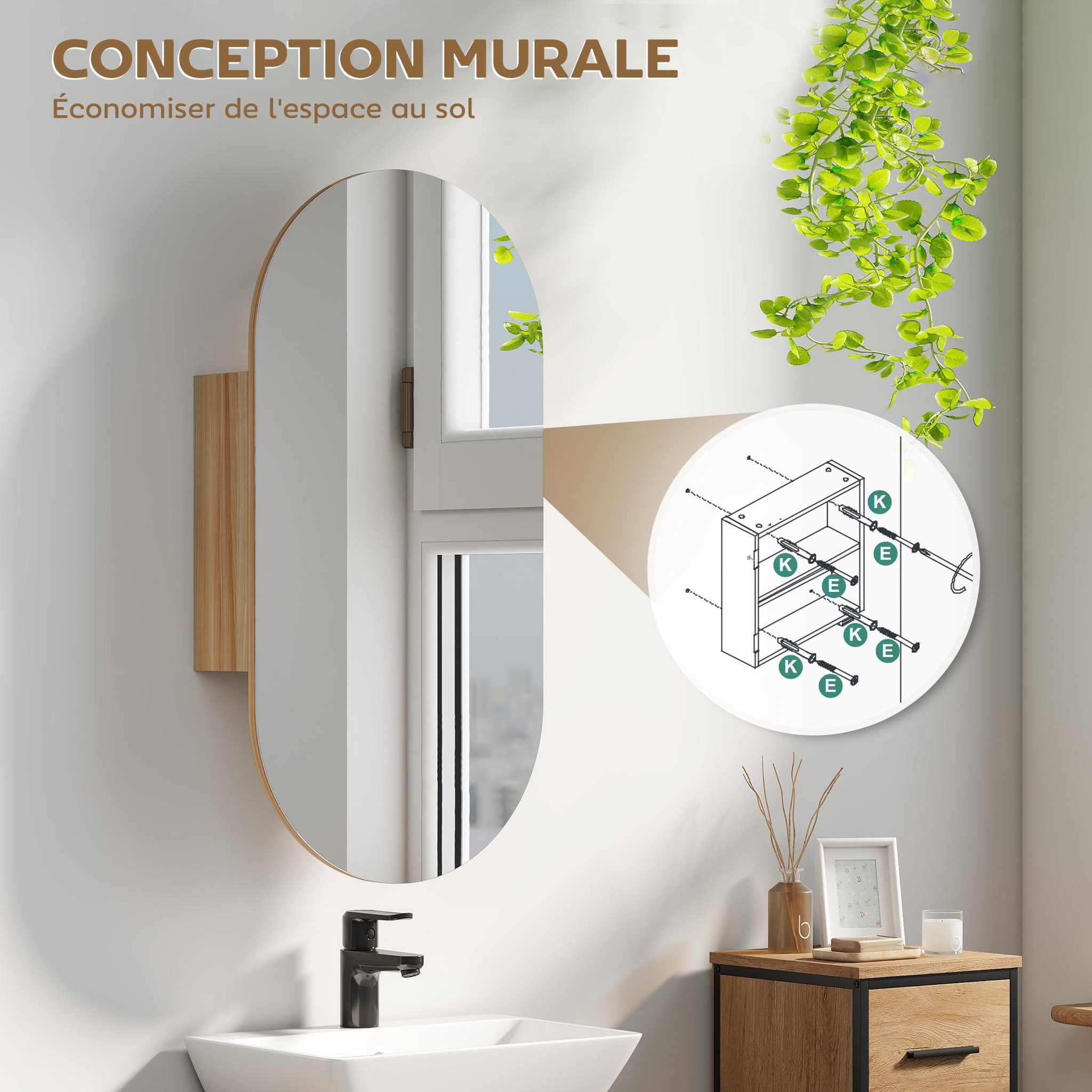 Voir la diapositive 5 : HOMCOM Armoire miroir design ovale dim. 45 x 90 cm étagère effet bois clair