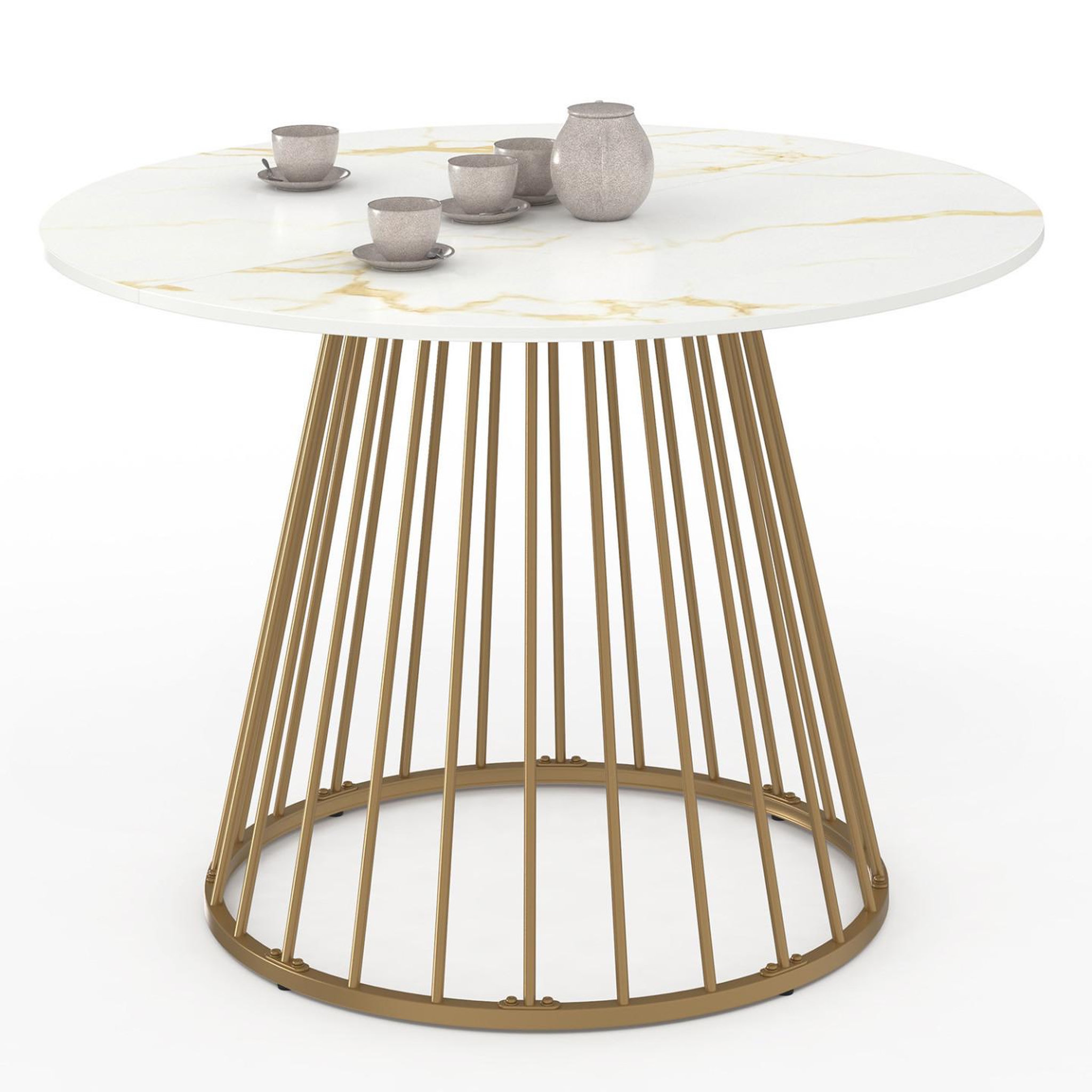ID MARKET Table à manger ronde yuna 6 personnes pied filaire laiton et plateau effet marbre blanc alaska 110 cm