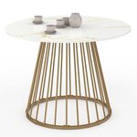 ID MARKET Table à manger ronde YUNA 6 personnes pied filaire laiton et plateau effet marbre blanc ALASKA 110 cm