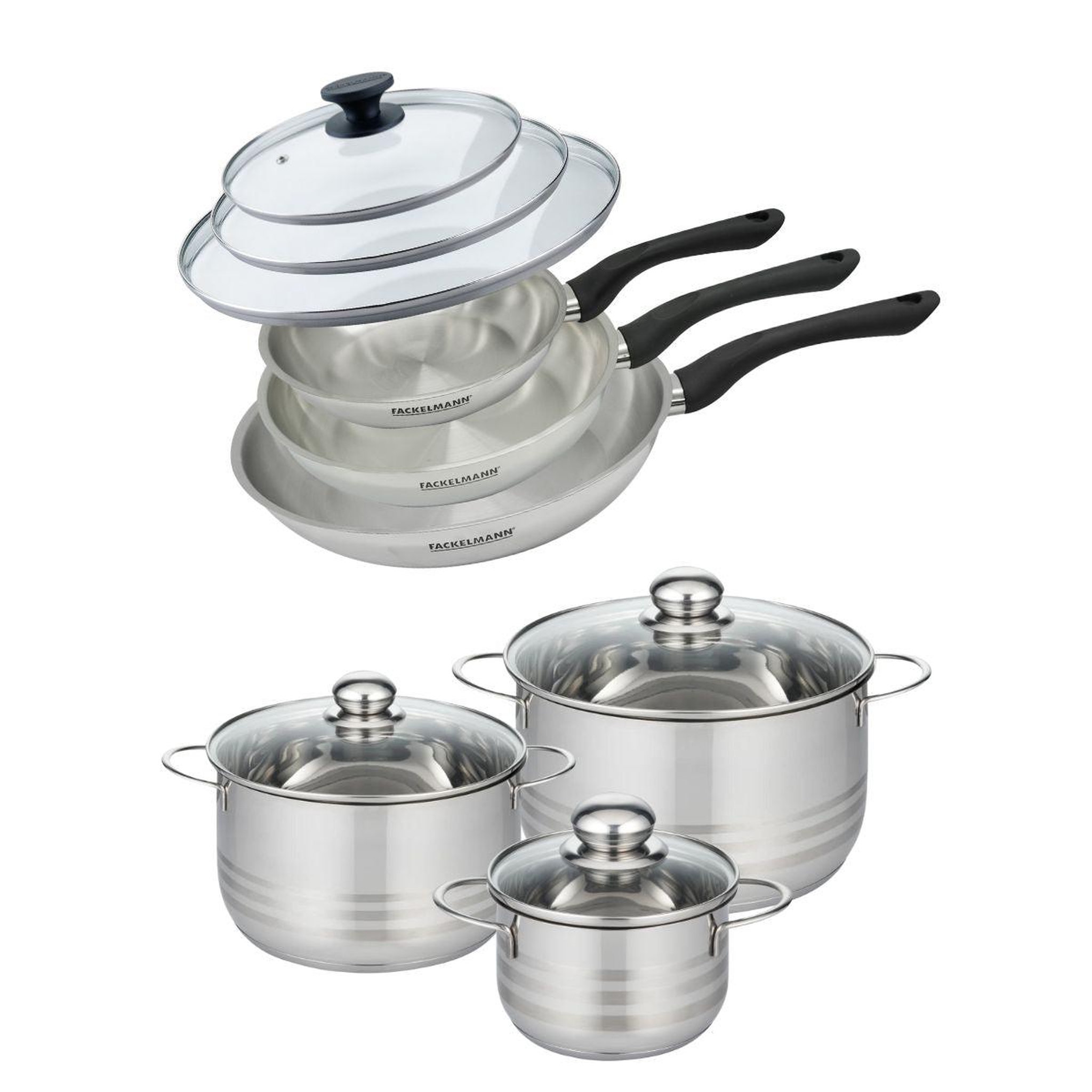 Fackelmann Set de 3 poêles 20 24 et 28 cm en inox et couvercles, 3 faitouts inox 16, 20 et 24 cm fackelmann geneva
