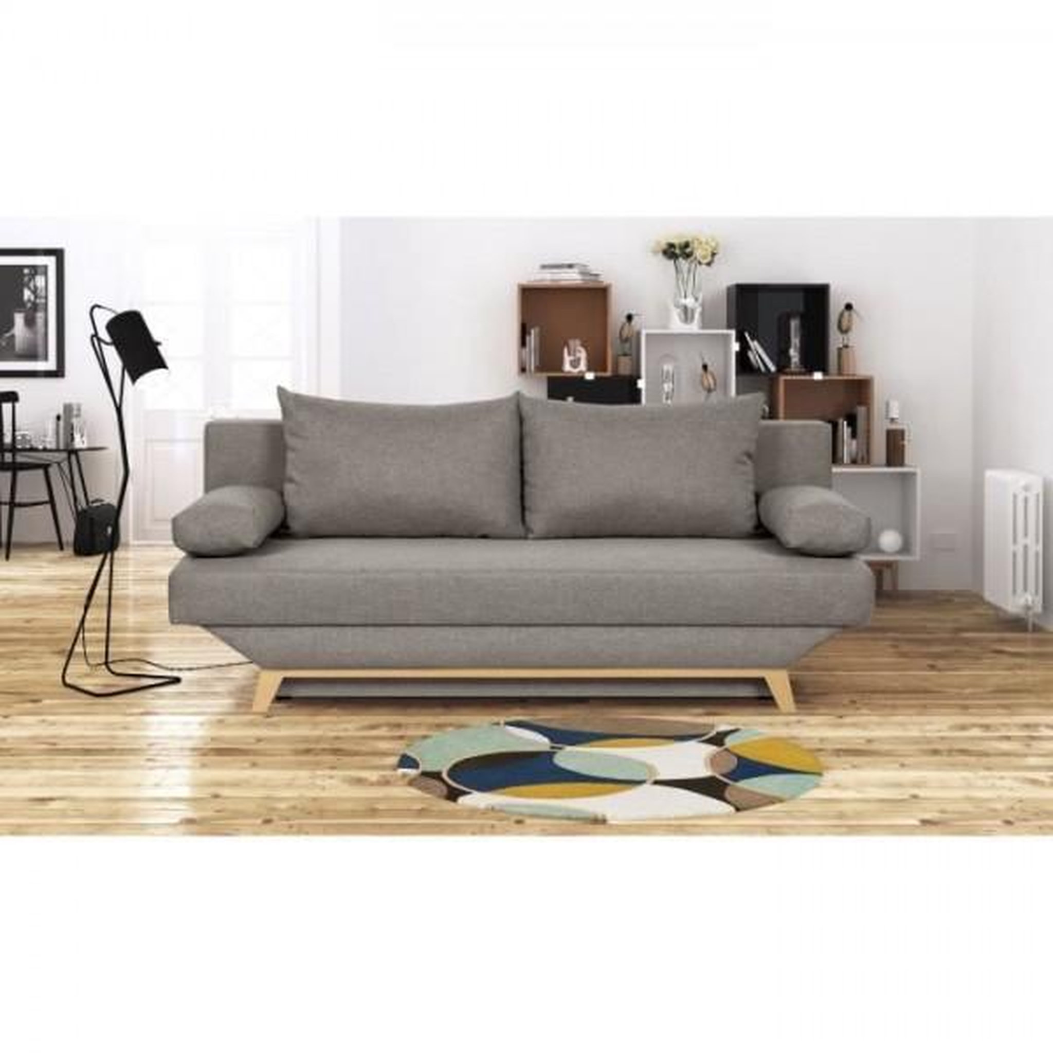 Voir la diapositive 2 : MARKET24 TEIJO Banquette convertible 3 places avec coffre de rangement - Tissu Taupe - L187 x P 91 x H 82 cm