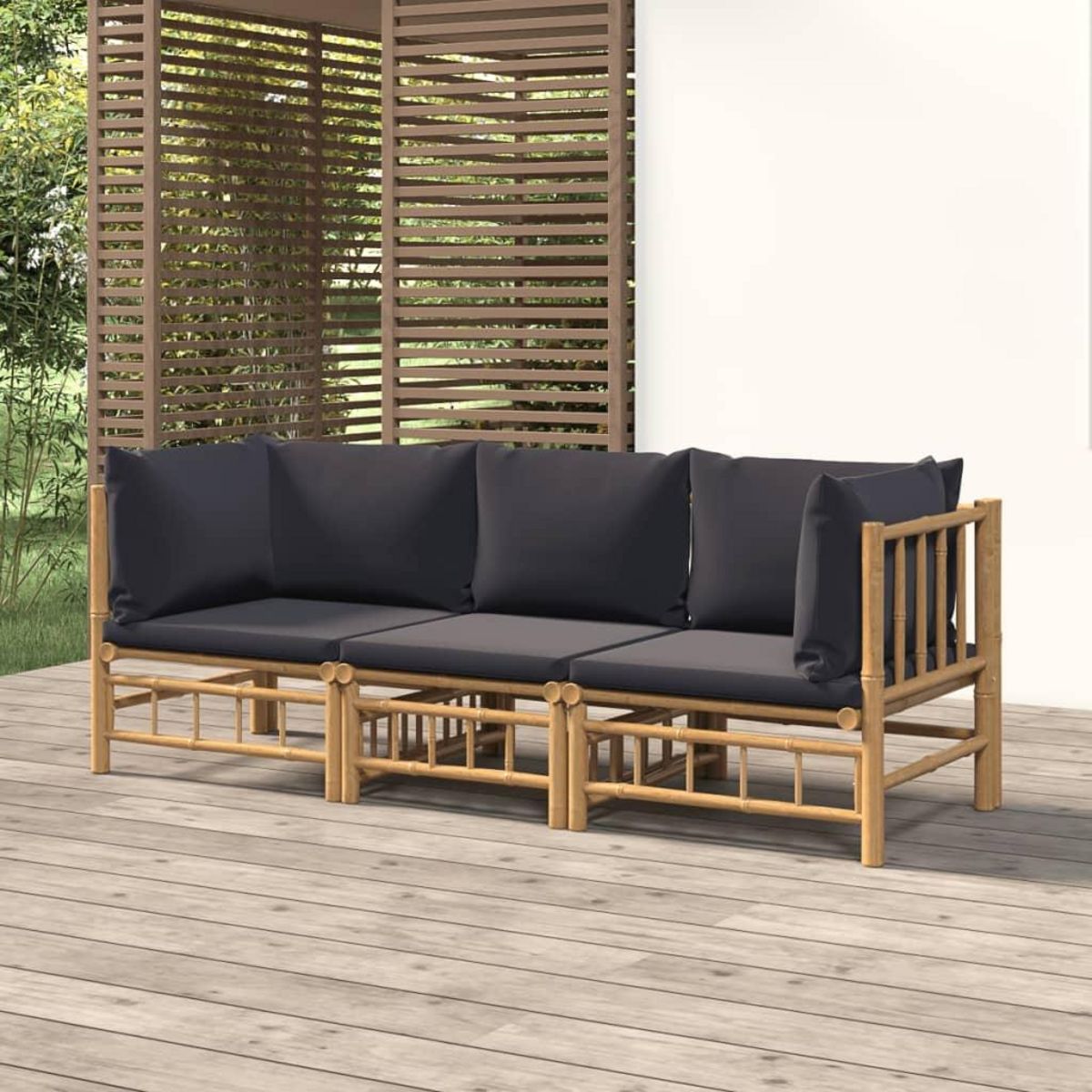 VIDAXL Salon de jardin 3 pcs avec coussins gris fonce bambou