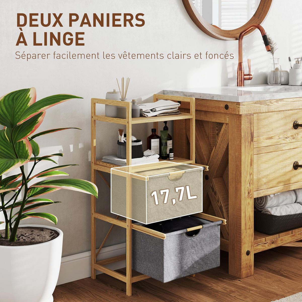 HOMCOM Panier à linge en bambou - panier à linge 2 bacs 2 étagères - panier à linge double - tissu gris