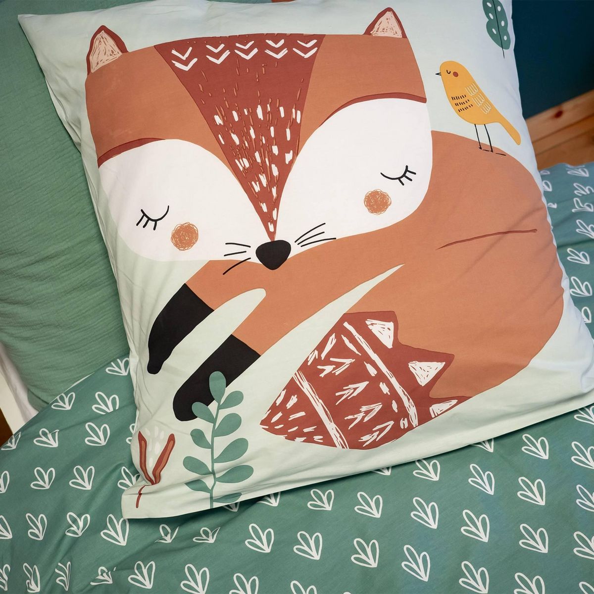 SWEEEK Parure de lit réversible 1 place imprimé renard en coton 140 x 200cm