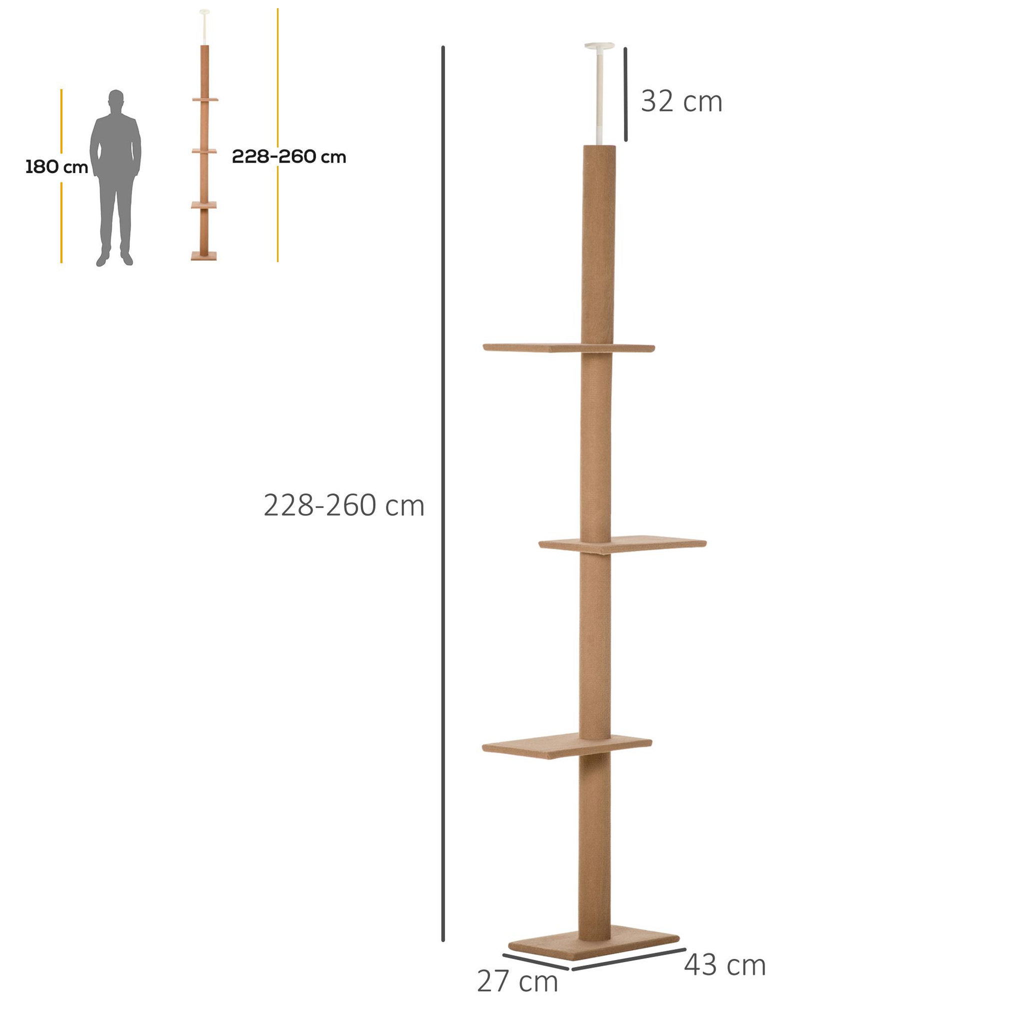 Voir la diapositive 3 : PAWHUT Arbre à chat poteau à griffer hauteur réglable dim. 43l x 27i x 228-260h cm 4 niveaux d'activités marron