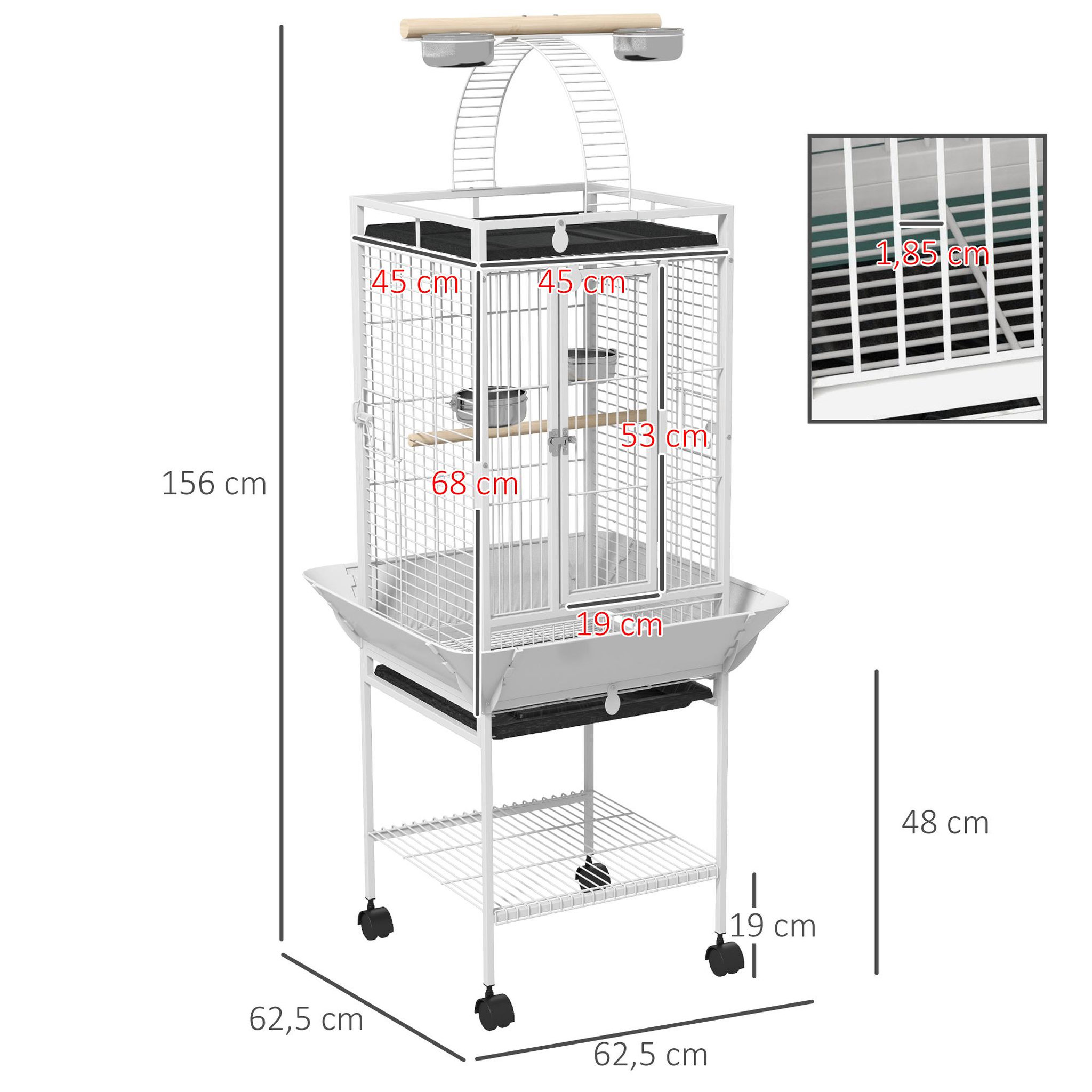 Voir la diapositive 3 : PAWHUT Cage oiseaux à roulettes 62 x 62 x 156 cm plateau coulissant acier blanc