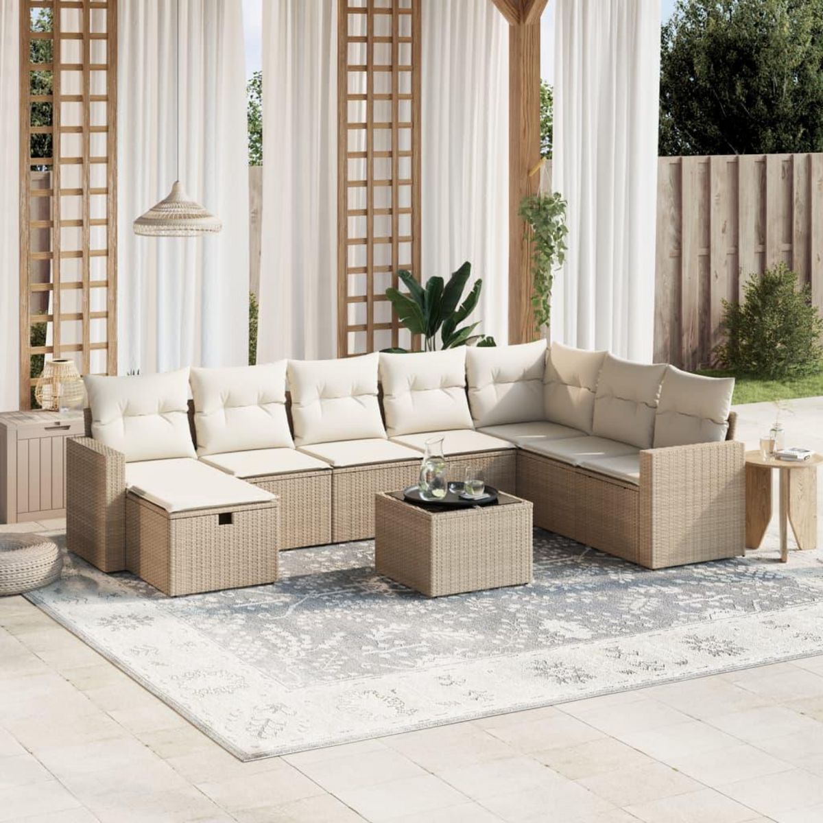 VIDAXL Salon de jardin avec coussins 9 pcs beige resine tressee
