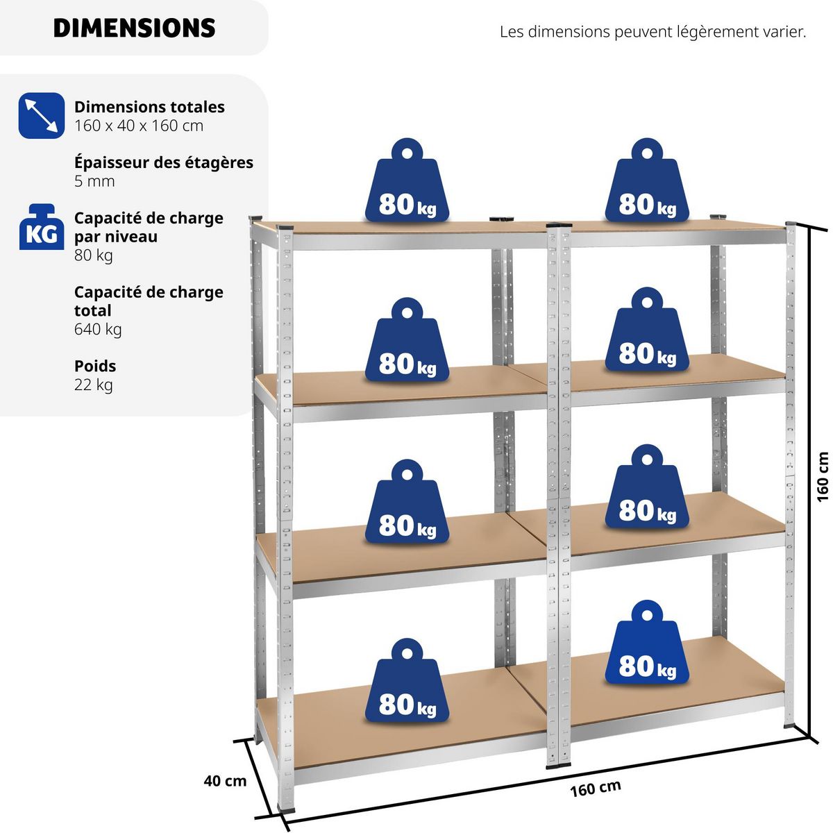 tectake Étagère pour charges lourdes structure en acier galvanisé argent 160 x 160 x 40 cm, 640 kg