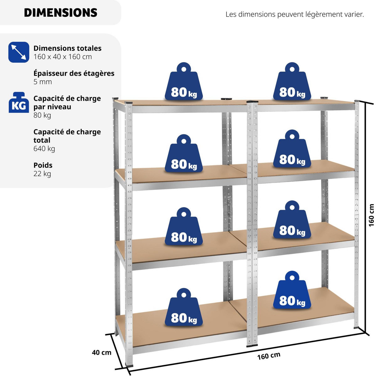 tectake Étagère pour charges lourdes structure en acier galvanisé argent 160 x 160 x 40 cm, 640 kg