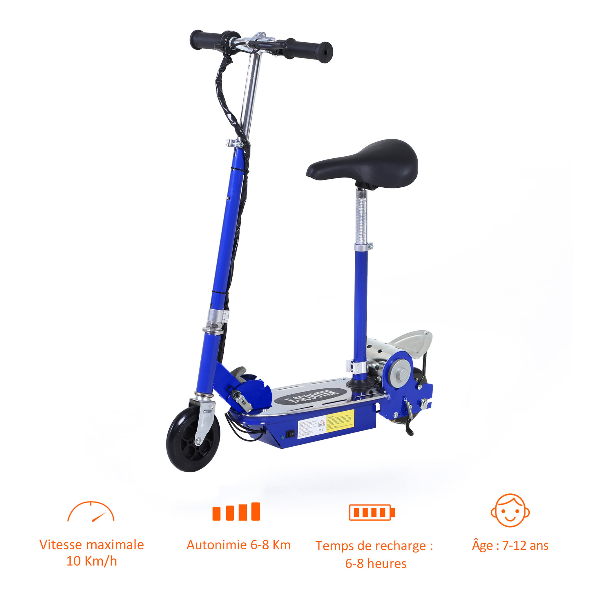 Voir la diapositive 4 : HOMCOM Trottinette électrique 120 W pliable pour enfant de 7 à 12 ans hauteur guidon et selle réglable 10 Km/h max. bleu