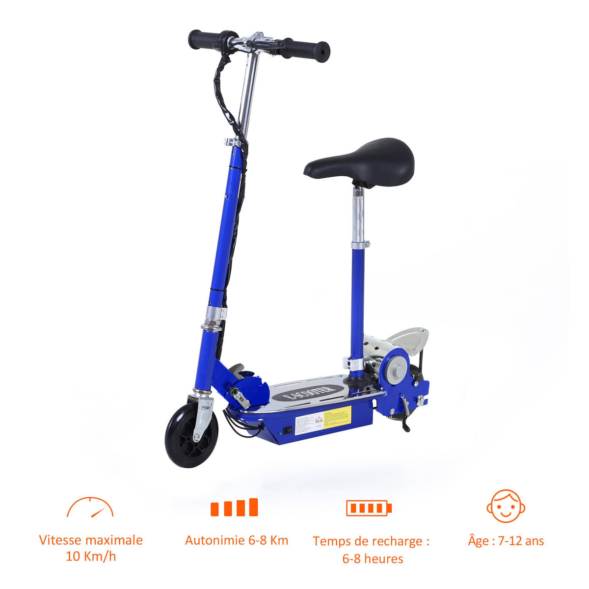 HOMCOM Trottinette électrique 120 W pliable pour enfant de 7 à 12 ans hauteur guidon et selle réglable 10 Km/h max. bleu