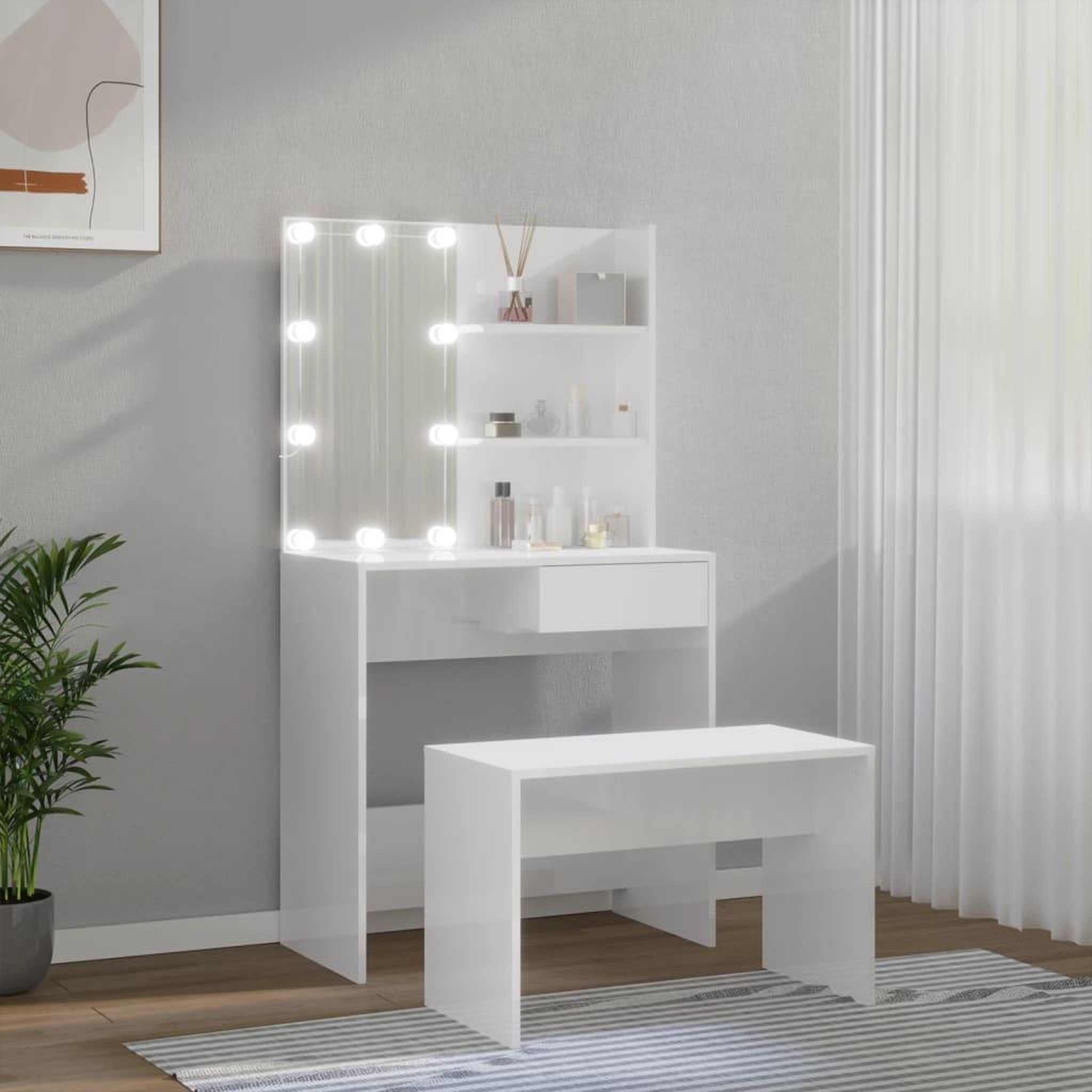 Voir la diapositive 4 : VIDAXL Ensemble de coiffeuse avec LED Blanc brillant Bois d'ingenierie