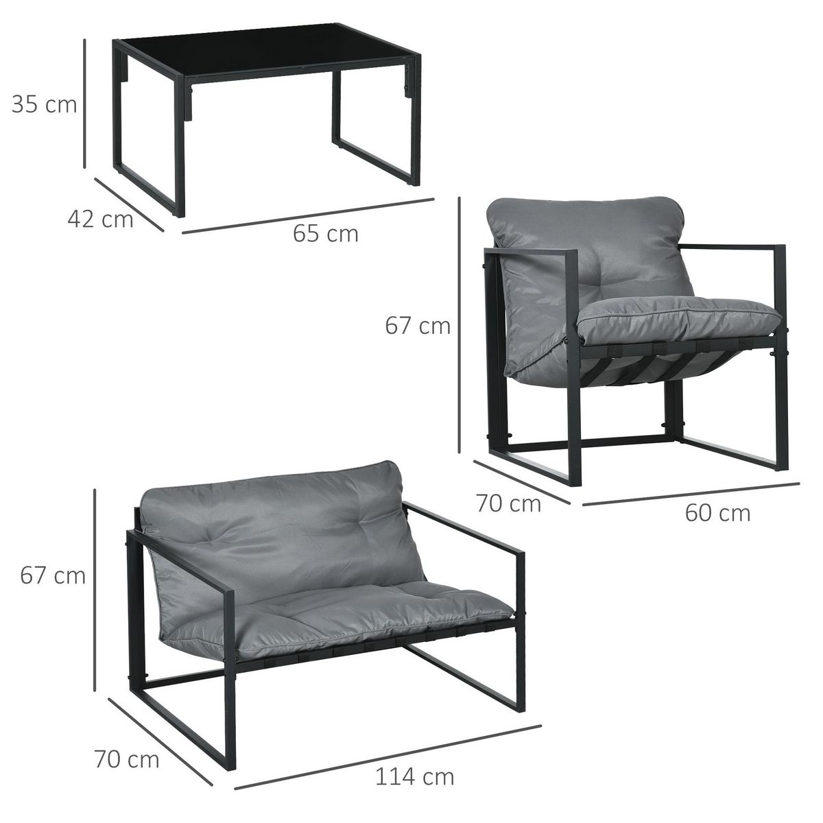 OUTSUNNY Salon de jardin 4 personnes - 4 pièces, 3 coussins - acier époxy noir polyester gris
