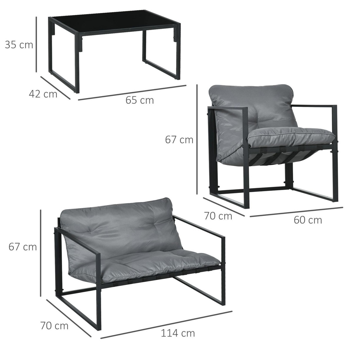 OUTSUNNY Salon de jardin 4 personnes - 4 pièces, 3 coussins - acier époxy noir polyester gris