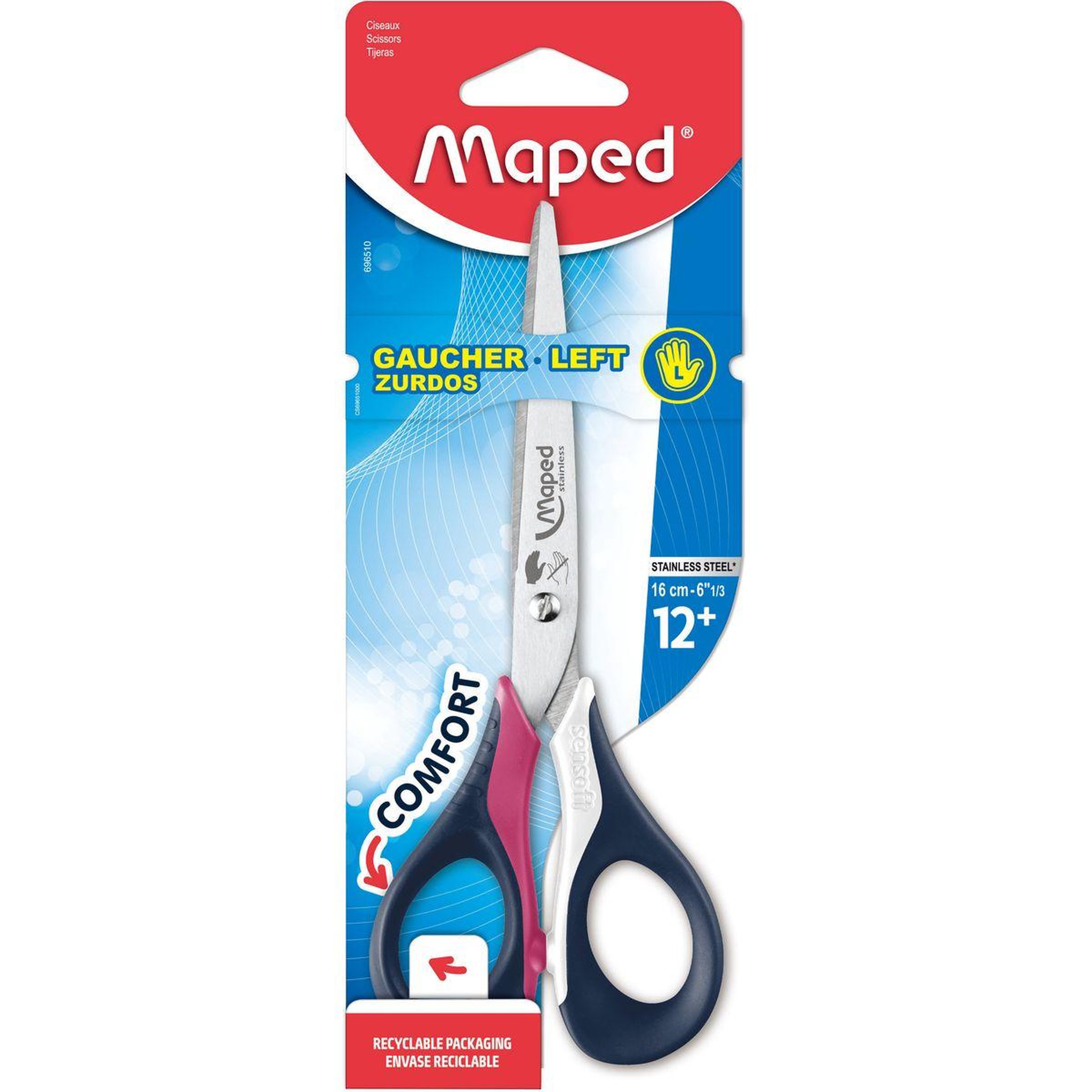 MAPED Paire de ciseaux bouts pointus pour gaucher 16cm Comfort rose
