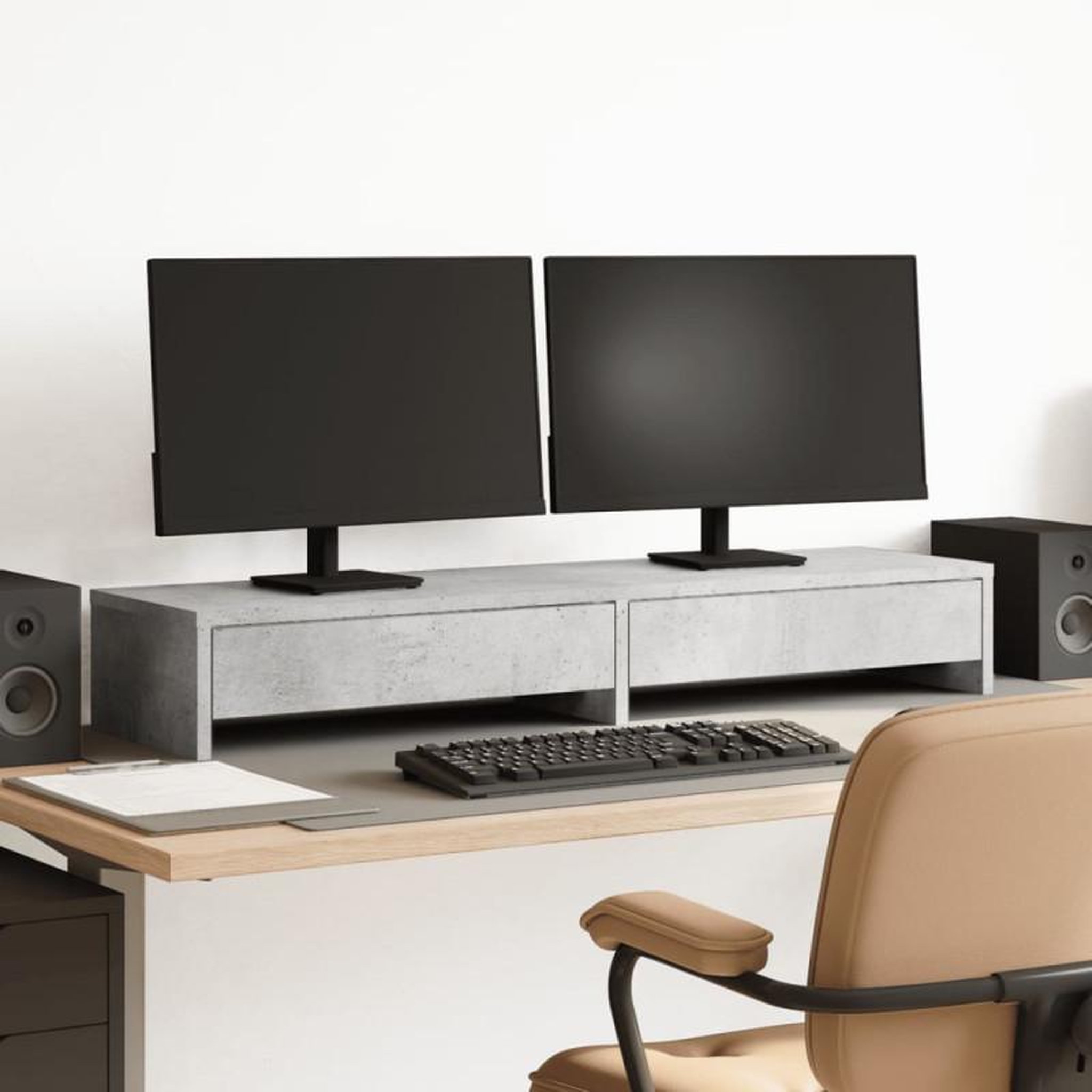 VIDAXL Support de moniteur avec tiroirs gris béton bois d ingénierie