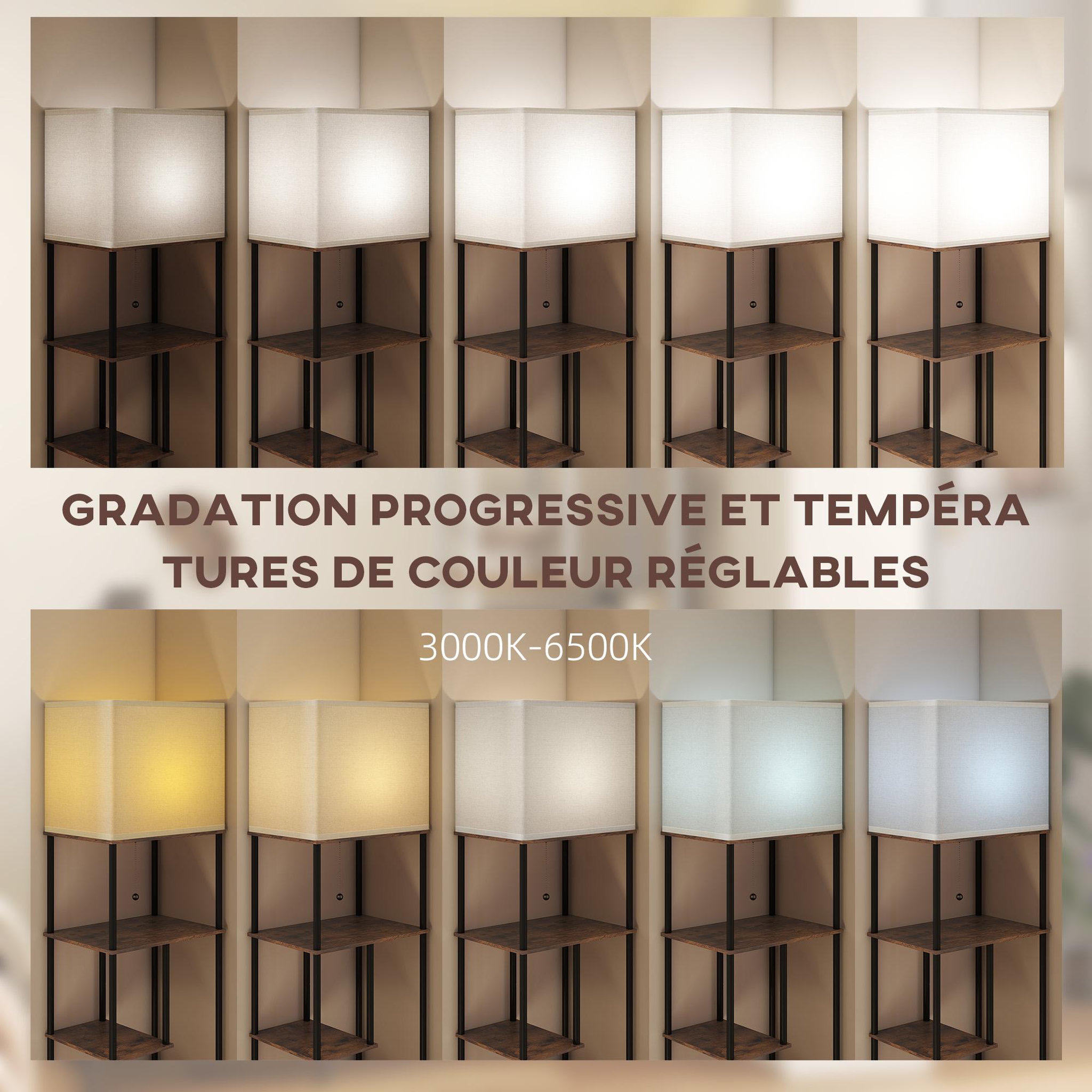 Voir la diapositive 6 : HOMCOM Lampadaire étagère LED design industriel - 5 niveaux de rangement H.171cm - métal noir aspect bois