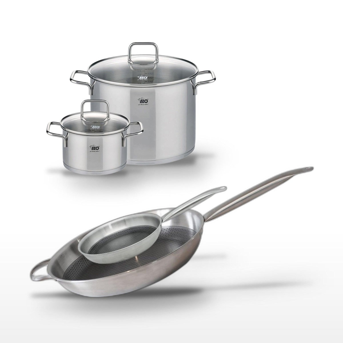 ELO Lot de 2 Poêles 32cm & 24cm et 2 Faitouts 26cm & 20cm Elo Relief Solution