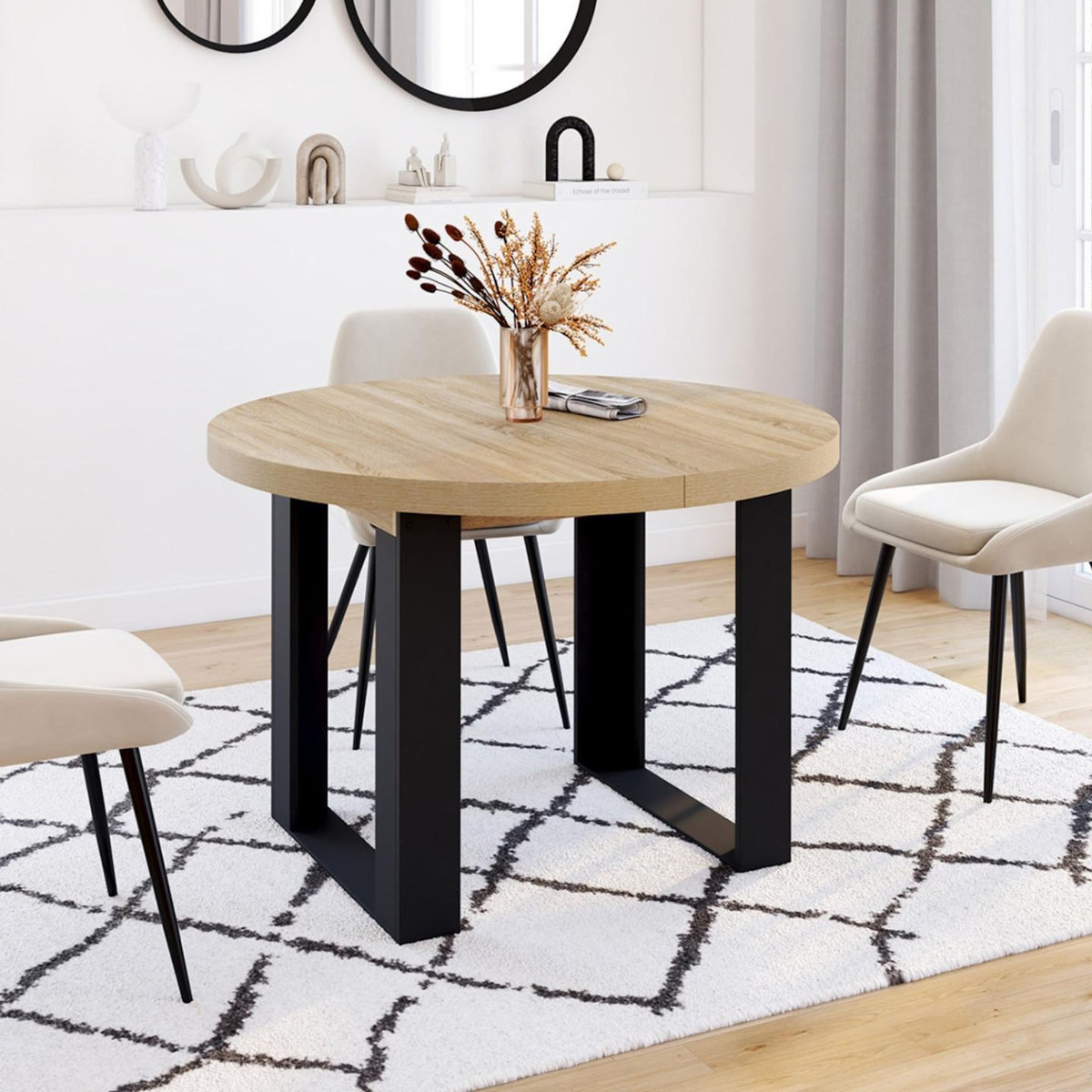 ID MARKET Table à manger extensible ronde PHOENIX 4-10 personnes bois et noir 110-200 cm