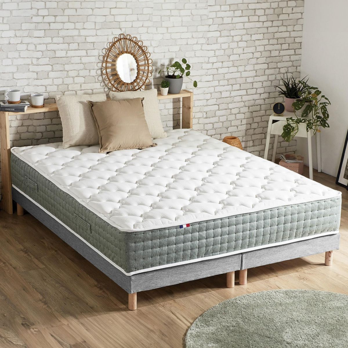 IDLITERIE Ensemble matelas Ressort 7 zones HYGGE + Sommier + couette + oreillers Fabriqué en France