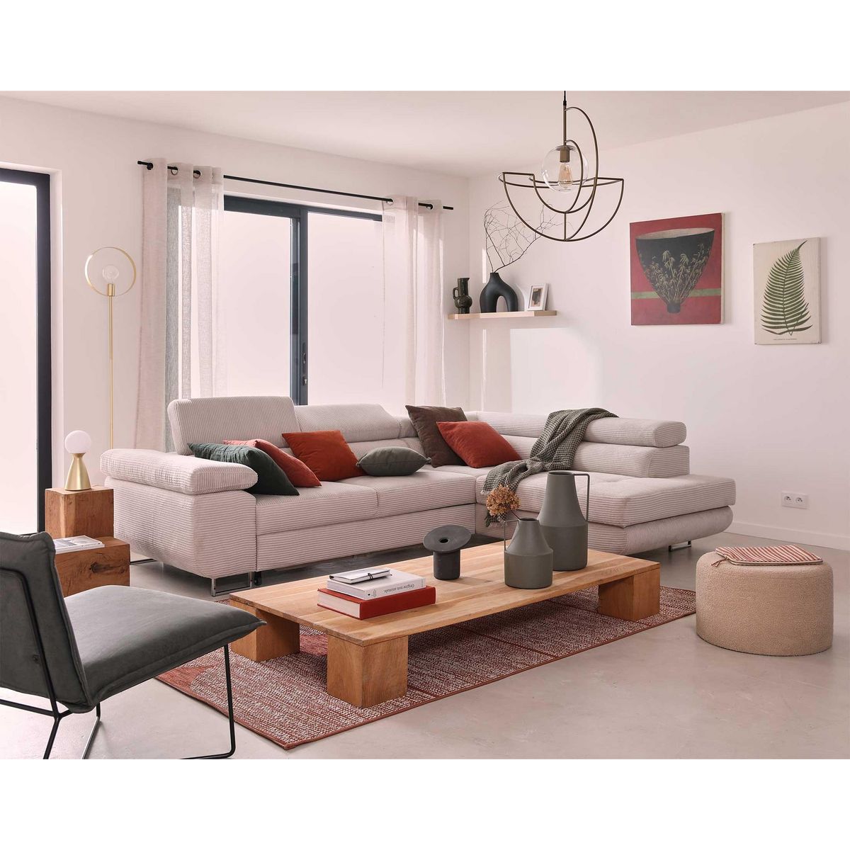 BEST MOBILIER Zaria - canapé d'angle droit - convertible avec coffre et têtières réglables - 5 places - en velours côtelé