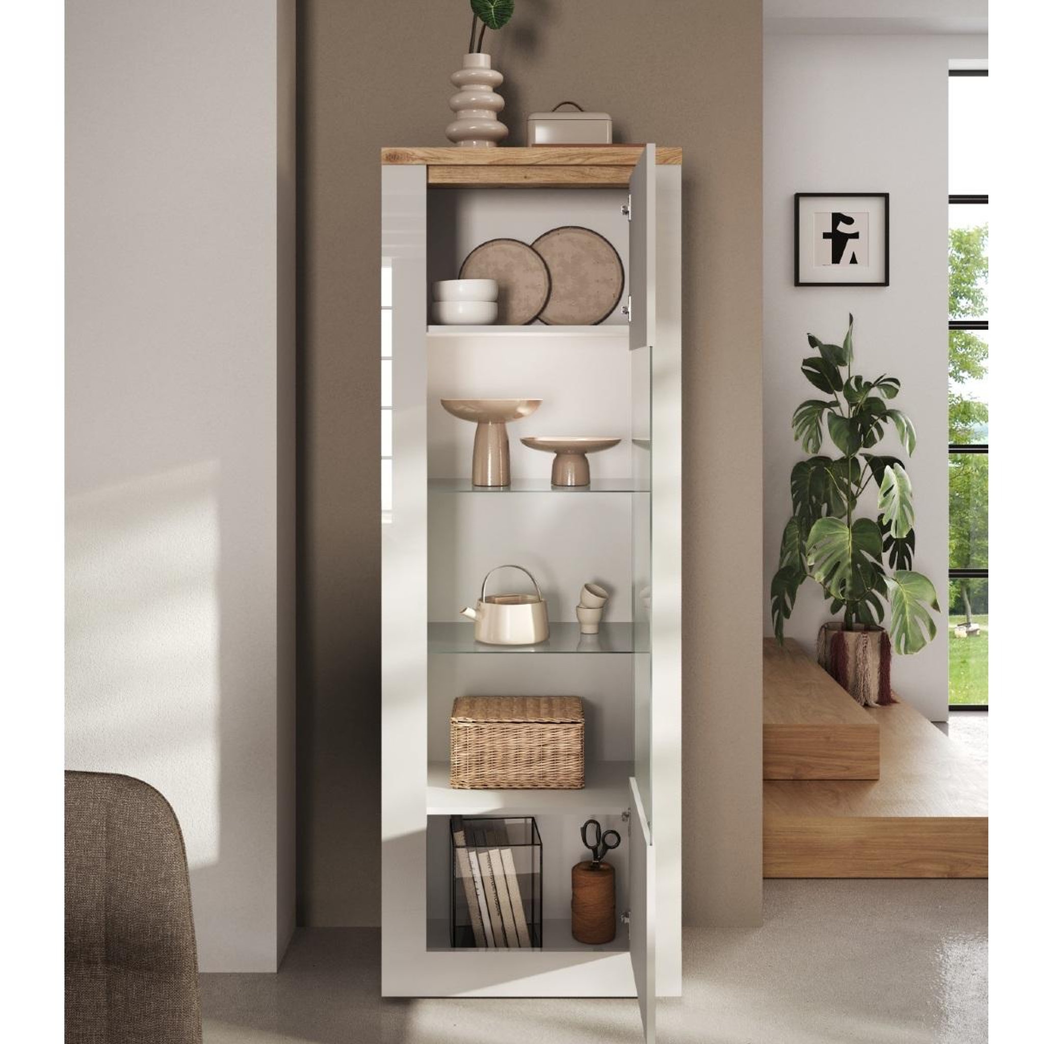 Voir la diapositive 4 : JLC KREATION Vitrine moderne 1 porte laqué blanc et bois + led ARIA