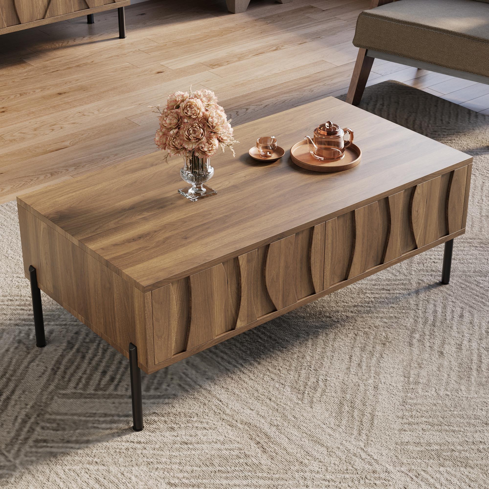 Voir la diapositive 4 : MERAX Table basse rectangulaire naturel avec 2 tiroirs - 55x105 cm mdf