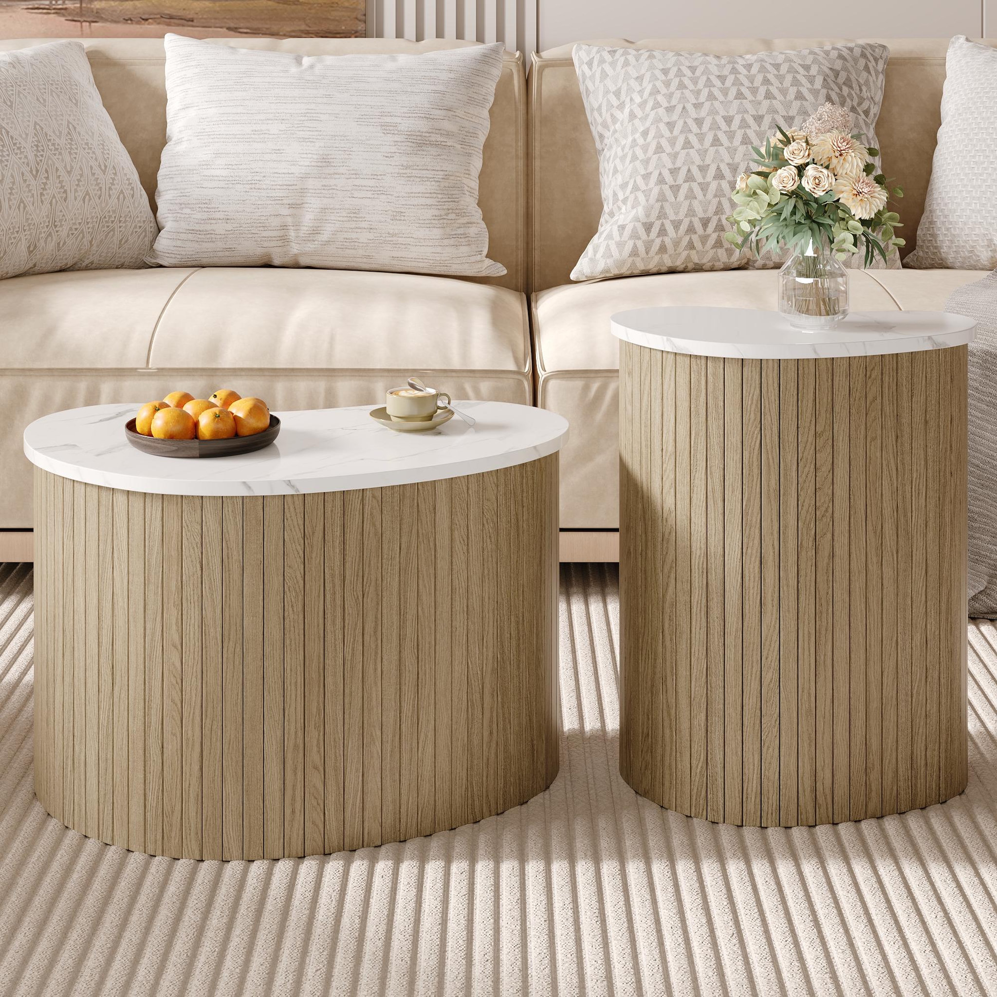 Voir la diapositive 2 : MERAX Table basse gigogne ronde naturel+blanc - 60x60 cm mdf