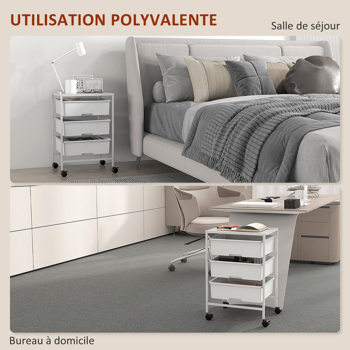 HOMCOM Chariot de rangement à 4 niveaux - 3 paniers et plateau - roulettes verrouillables - acier PP