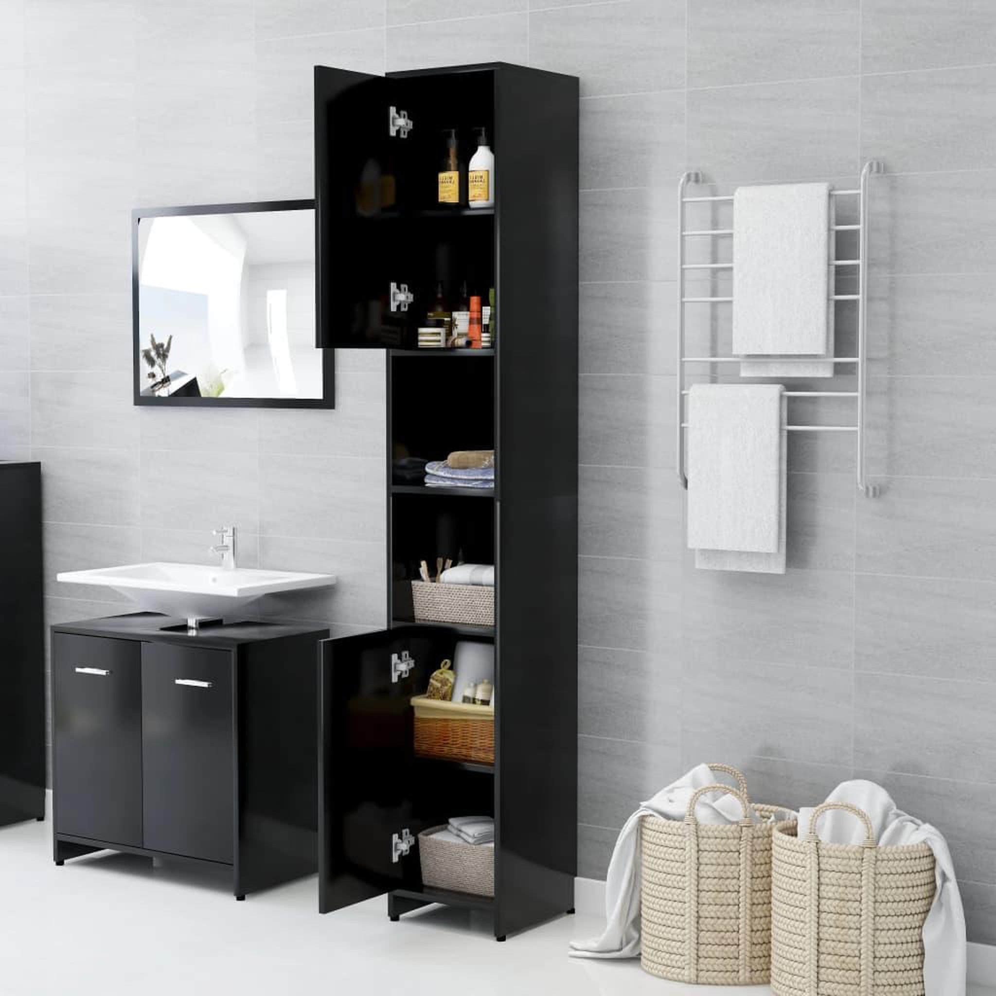 Voir la diapositive 3 : VIDAXL Armoire de salle de bain Noir 30x30x183,5 cm Bois d'ingenierie