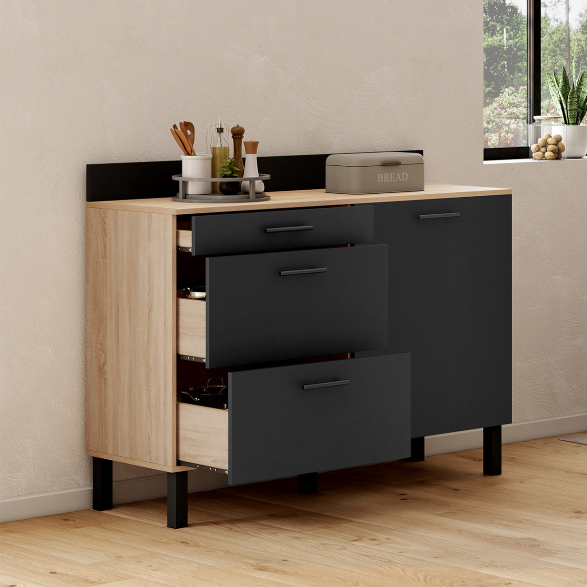 ID MARKET Buffet bas casserolier de cuisine 120 cm CINA plan de travail H.83 cm 1 porte + 3 tiroirs façon hêtre et noir