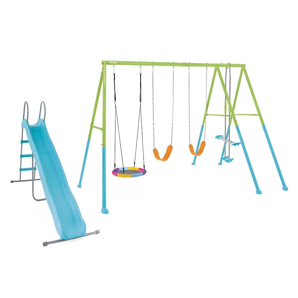 INTEX Portique-balançoire 5 agrès - 2 balançoires + face à face + nid d'oiseau + toboggan - Intex