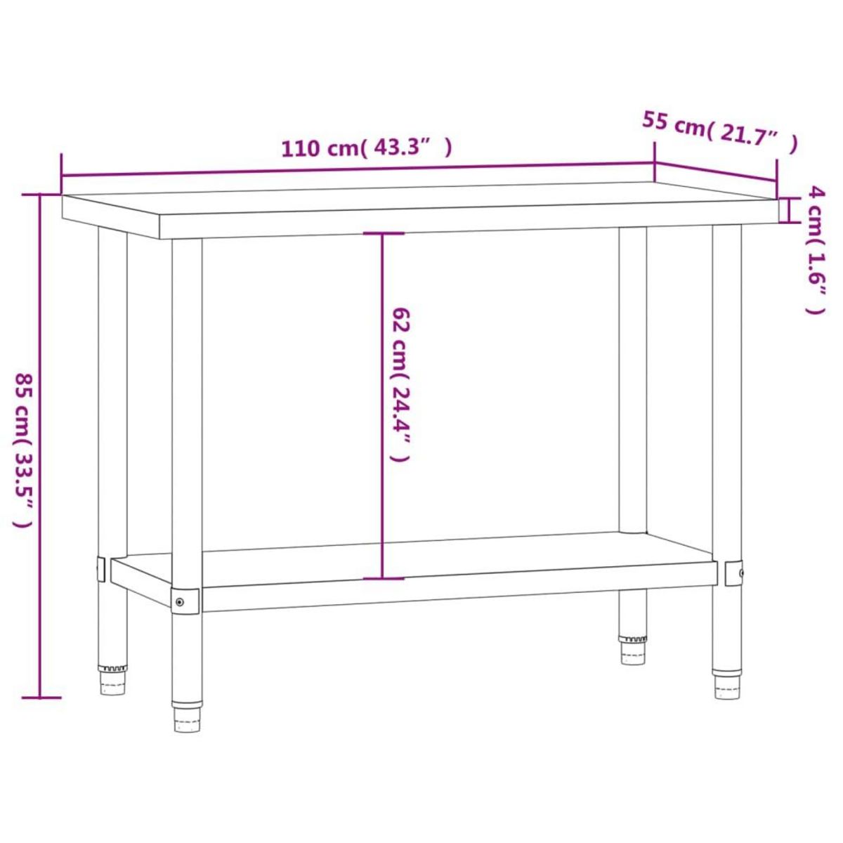 VIDAXL Table de travail de cuisine 110x55x85 cm acier inoxydable