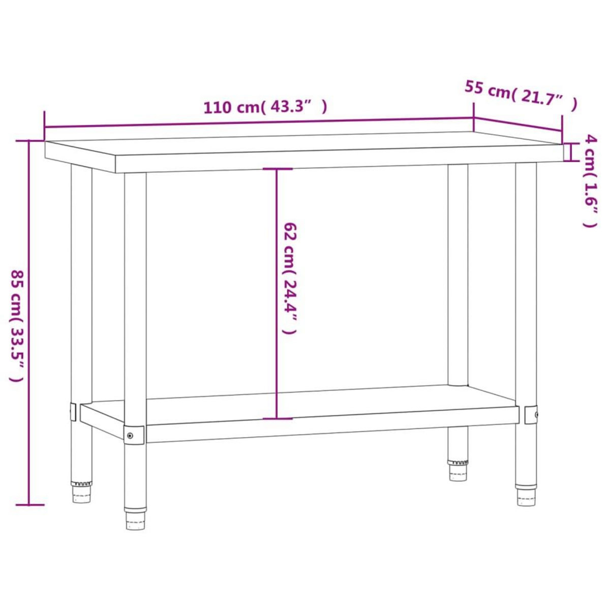 VIDAXL Table de travail de cuisine 110x55x85 cm acier inoxydable