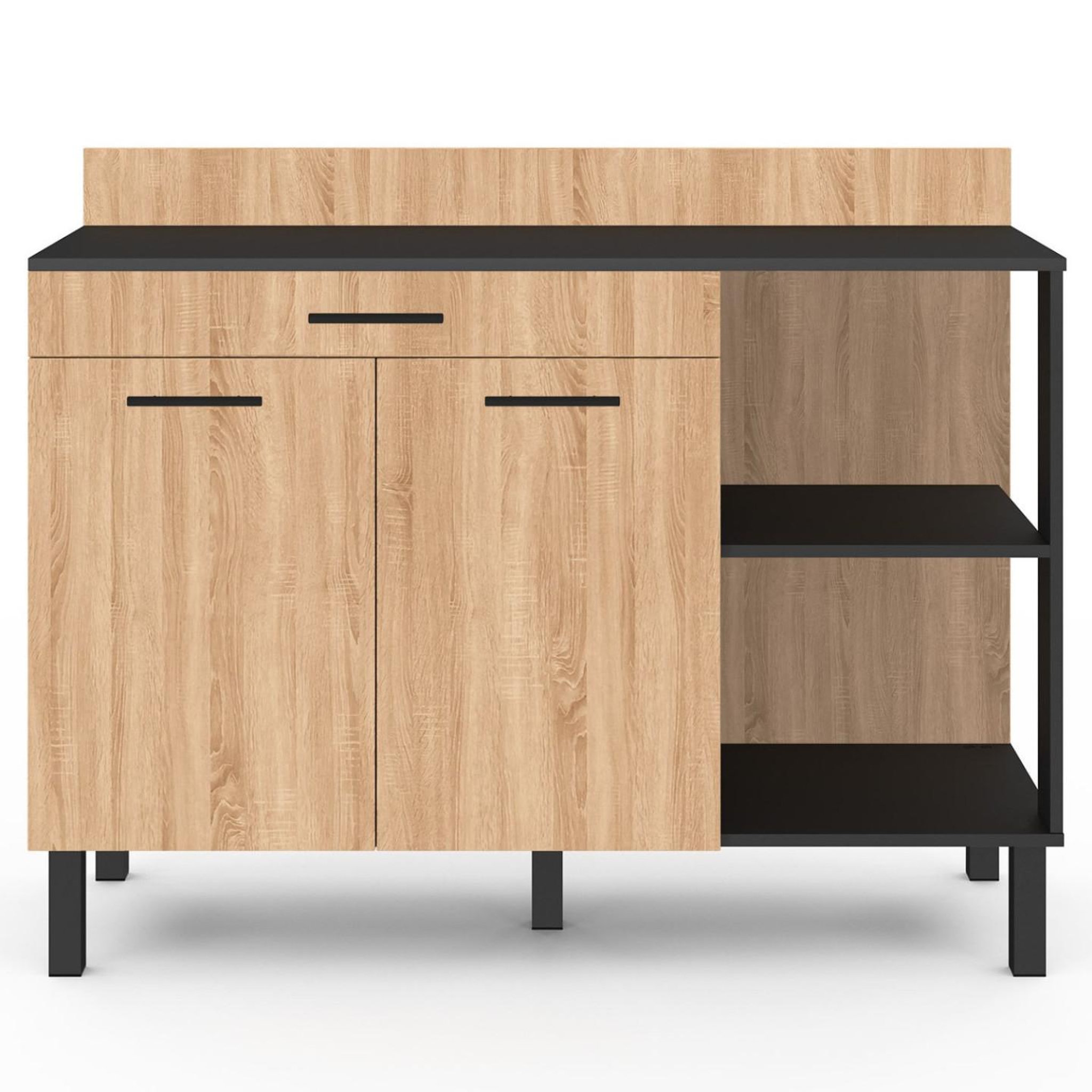 Voir la diapositive 3 : ID MARKET Buffet bas de cuisine 120 cm cina plan de travail h.83 cm 2 portes + tiroir noir et façon hêtre
