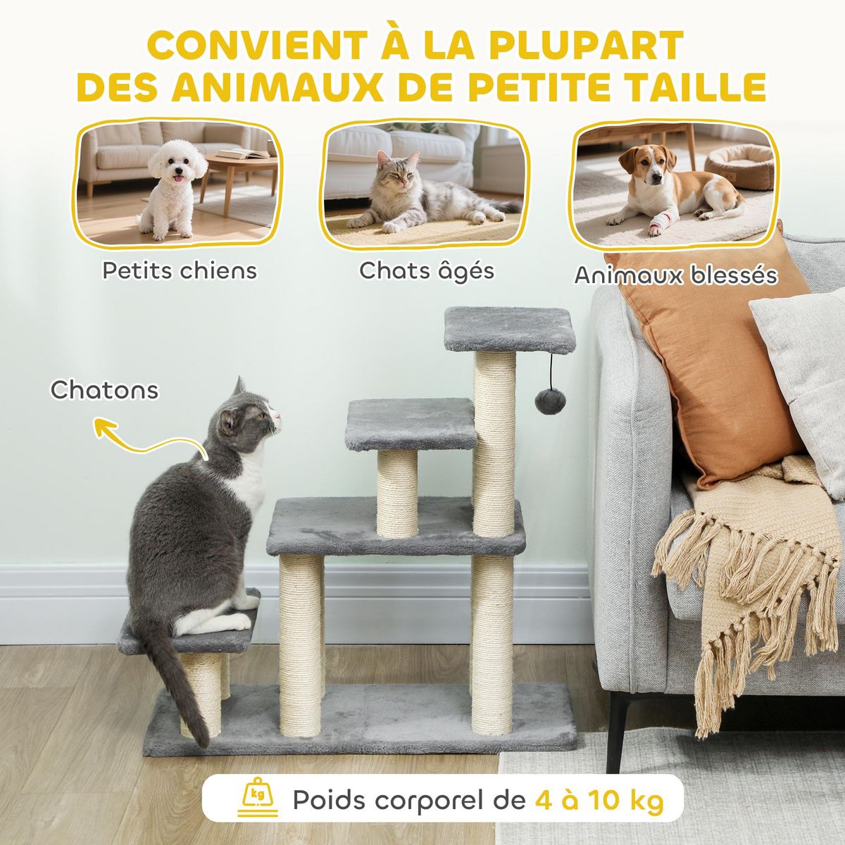 PAWHUT Escalier pour chat 4 marches - 8 poteaux griffoirs, jeu boule suspendue - sisal peluche gris