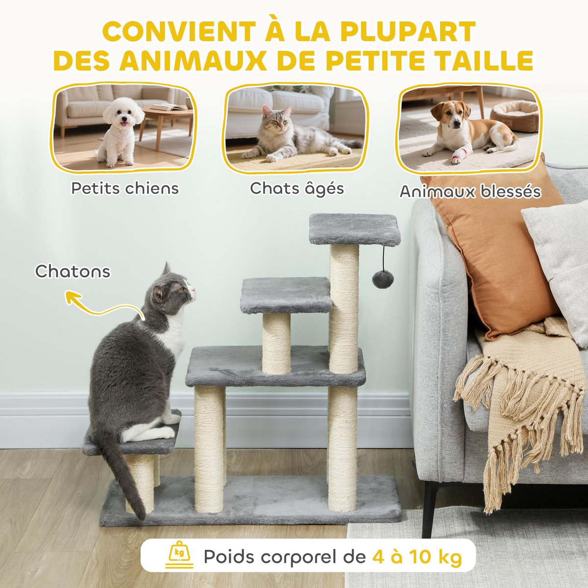 PAWHUT Escalier pour chat 4 marches - 8 poteaux griffoirs, jeu boule suspendue - sisal peluche gris