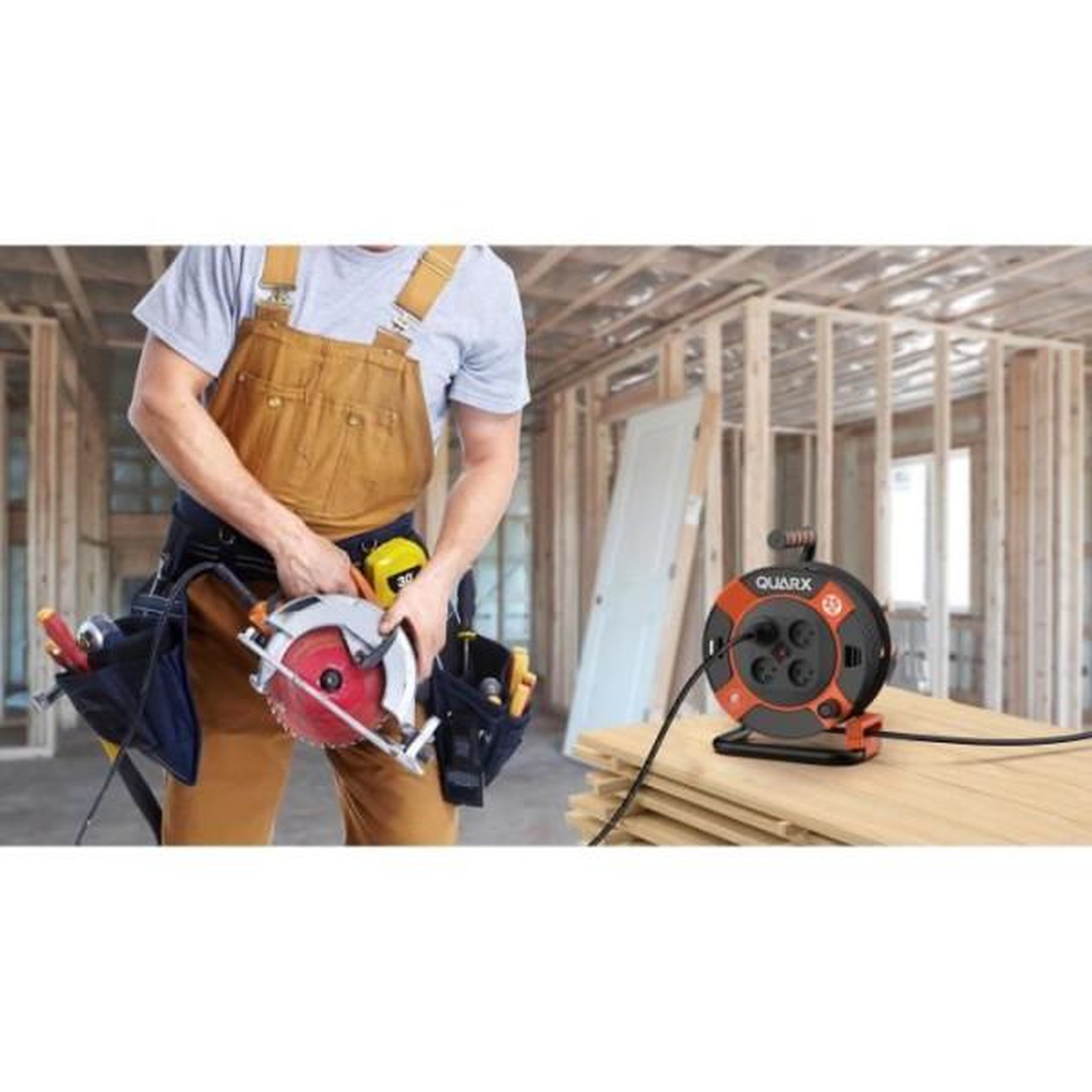 Voir la diapositive 2 : QUARX Enrouleur de bricolage - quarx - 25m - h05vv-f 3g1,5mm² - disjoncteur thermique - protection enfants