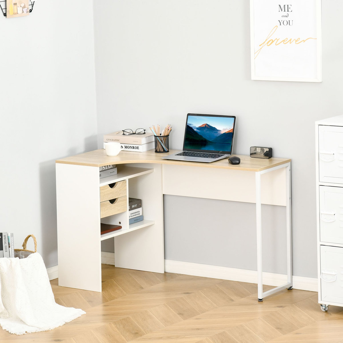 HOMCOM Bureau d'angle bureau informatique multimédia multi-rangement métal panneaux particules aspect chêne clair blanc