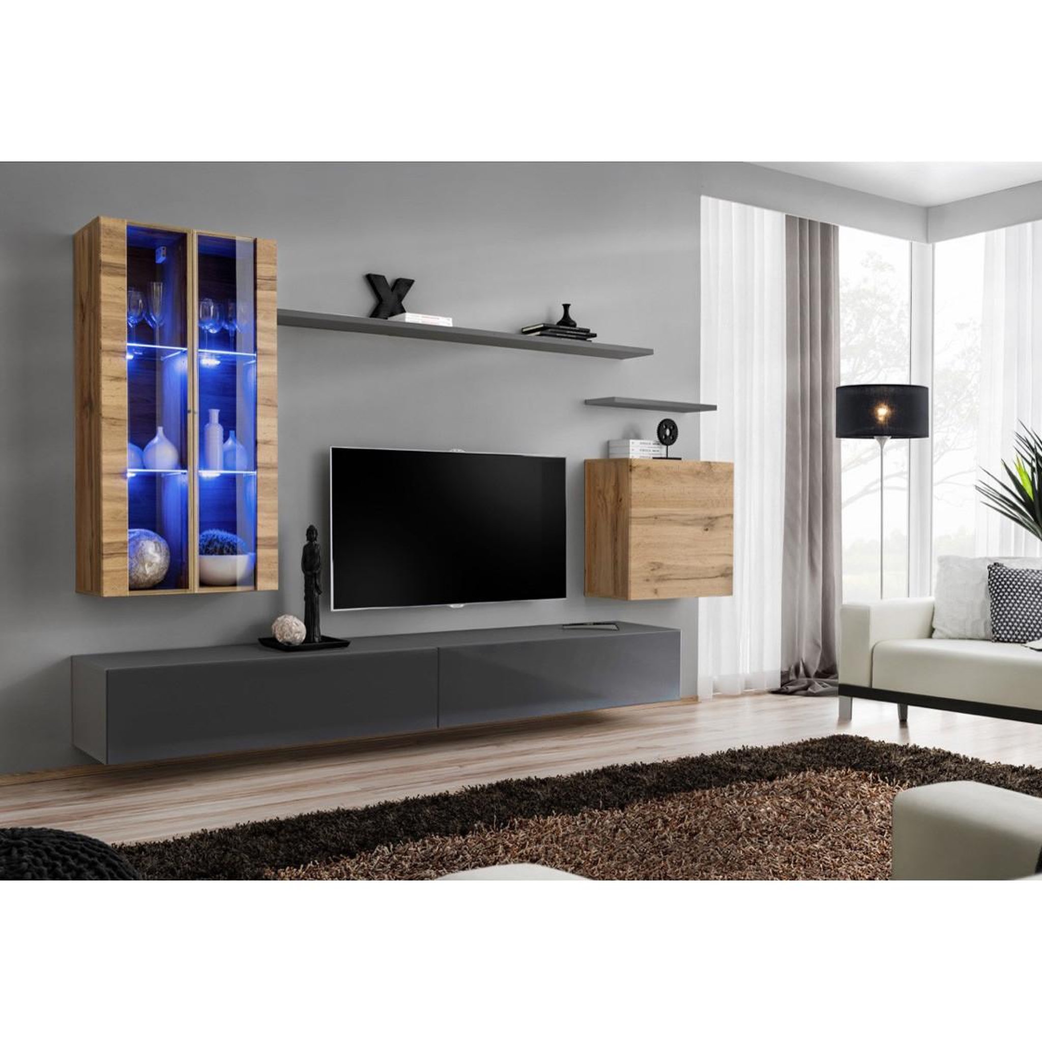 Voir la diapositive 2 : Paris Prix Meuble TV Mural Design  Switch XII  270cm Naturel & Gris