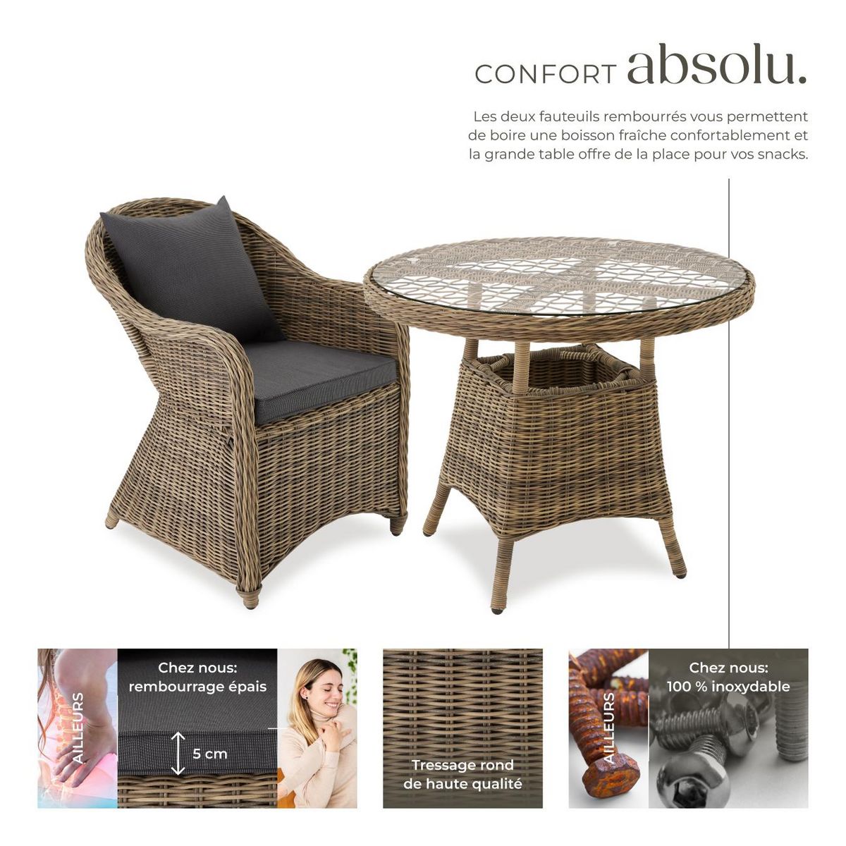 tectake Salon de jardin avec cadre en aluminium marron naturel