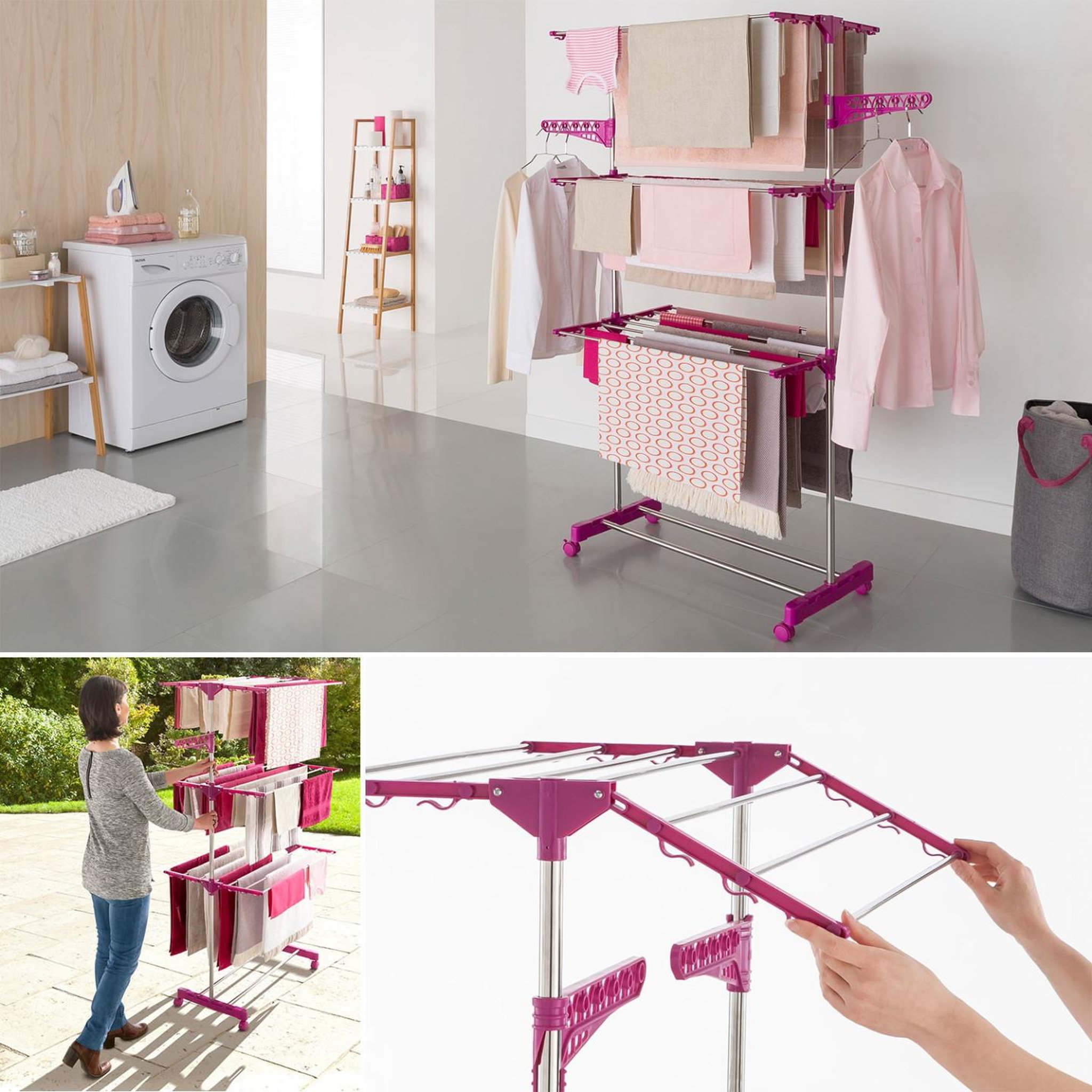 Voir la diapositive 3 : ID MARKET Séchoir à linge vertical pliable 3 niveaux maxima capacité 20m inox et rose