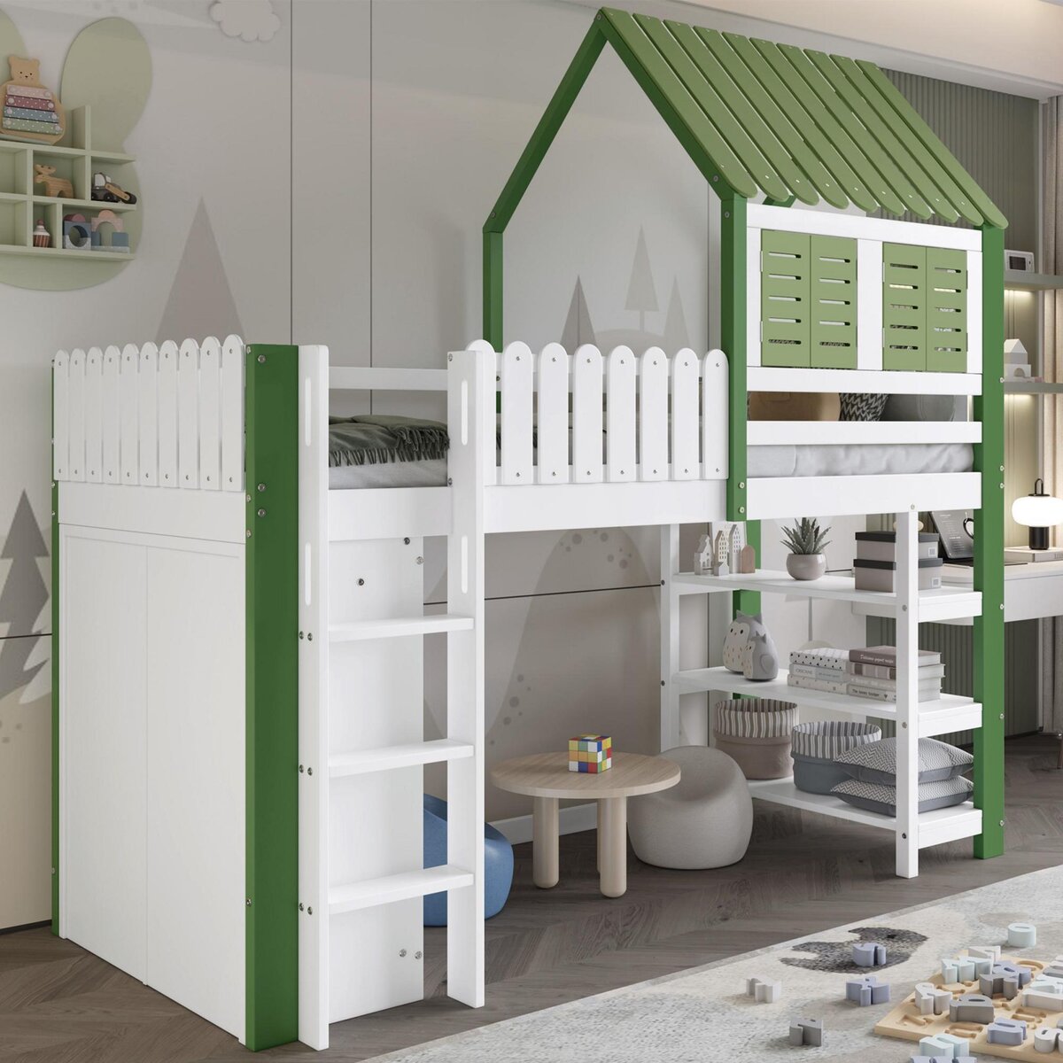 MERAX Lit combiné enfant 90x200cm bois et mdf coloris blanc+vert