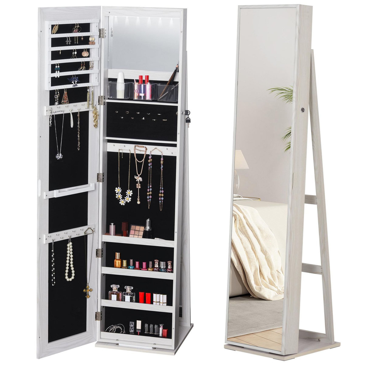 HOMCOM HOMCOM Armoire à bijoux avec miroir sur pied multi-rangements éclairage LED blanc dim. 38L x 38l x H157 cm