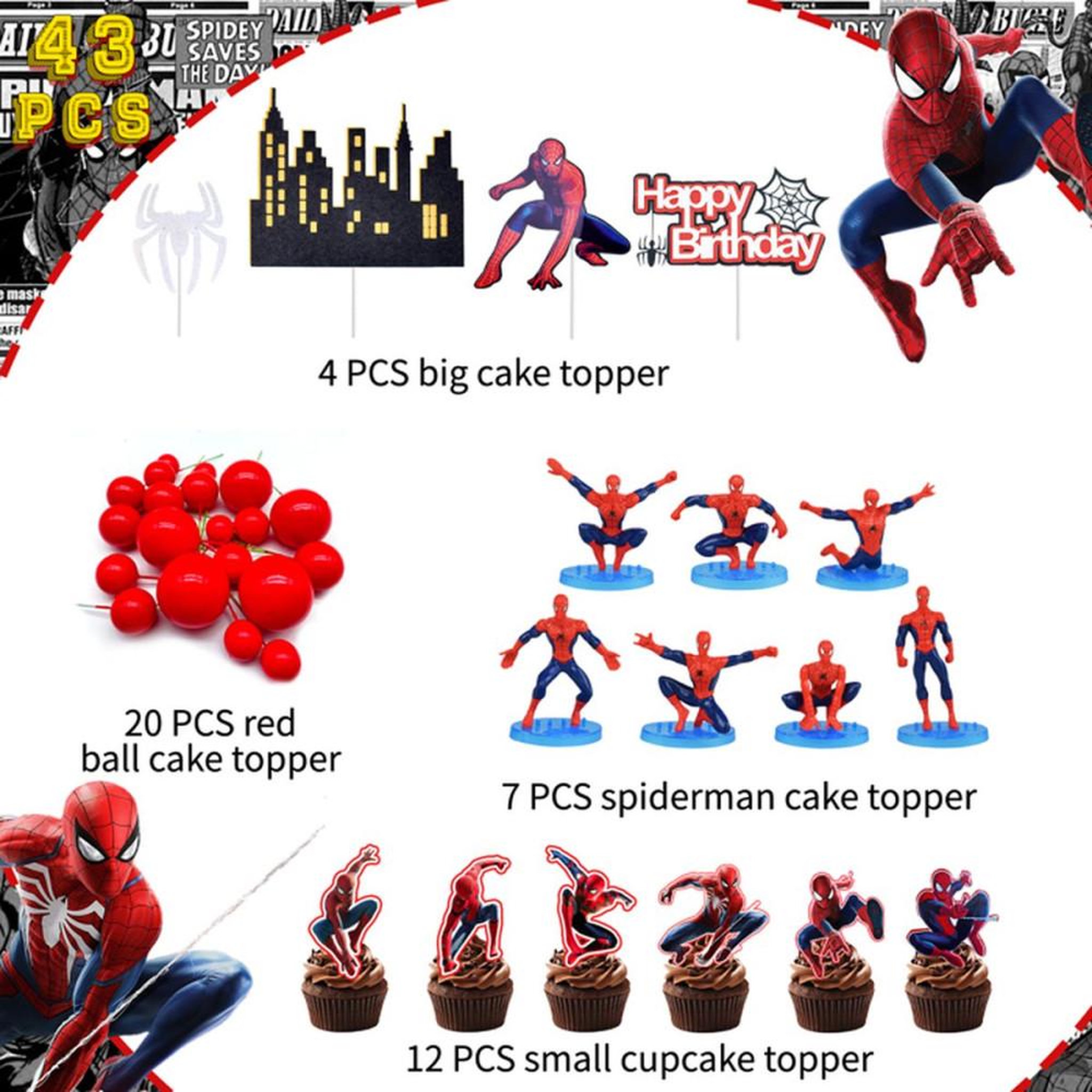 Voir la diapositive 2 : Kit décoration gâteau Spider-Man avec 4 grands toppers, 7 figurines et 43 pièces